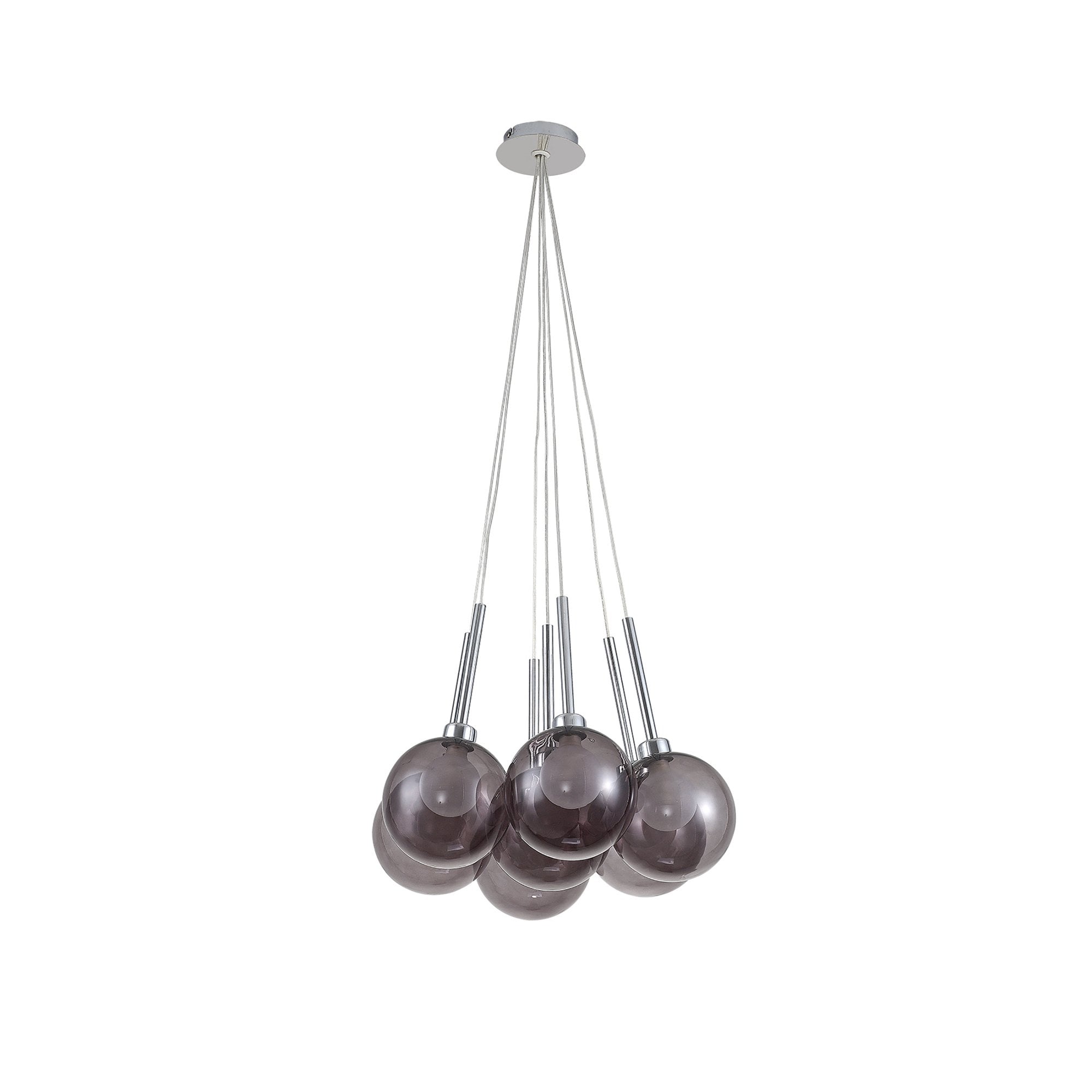 Fabula Tamworth 7 Light Cluster Pendant - Round Shades with Inner Frosted Globes - Polished Chrome, Smoked & Frosted Glass
