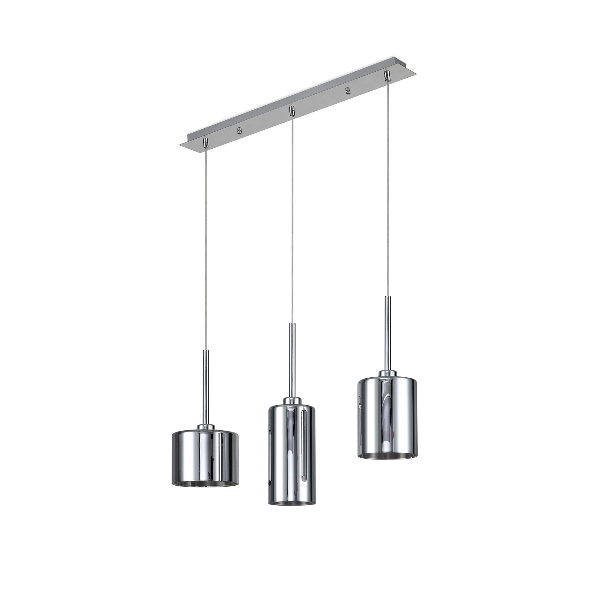 Fabula Tamworth 3 Light Linear Pendant - Mixed Cylinder Shades - Polished Chrome & Chrome Glass