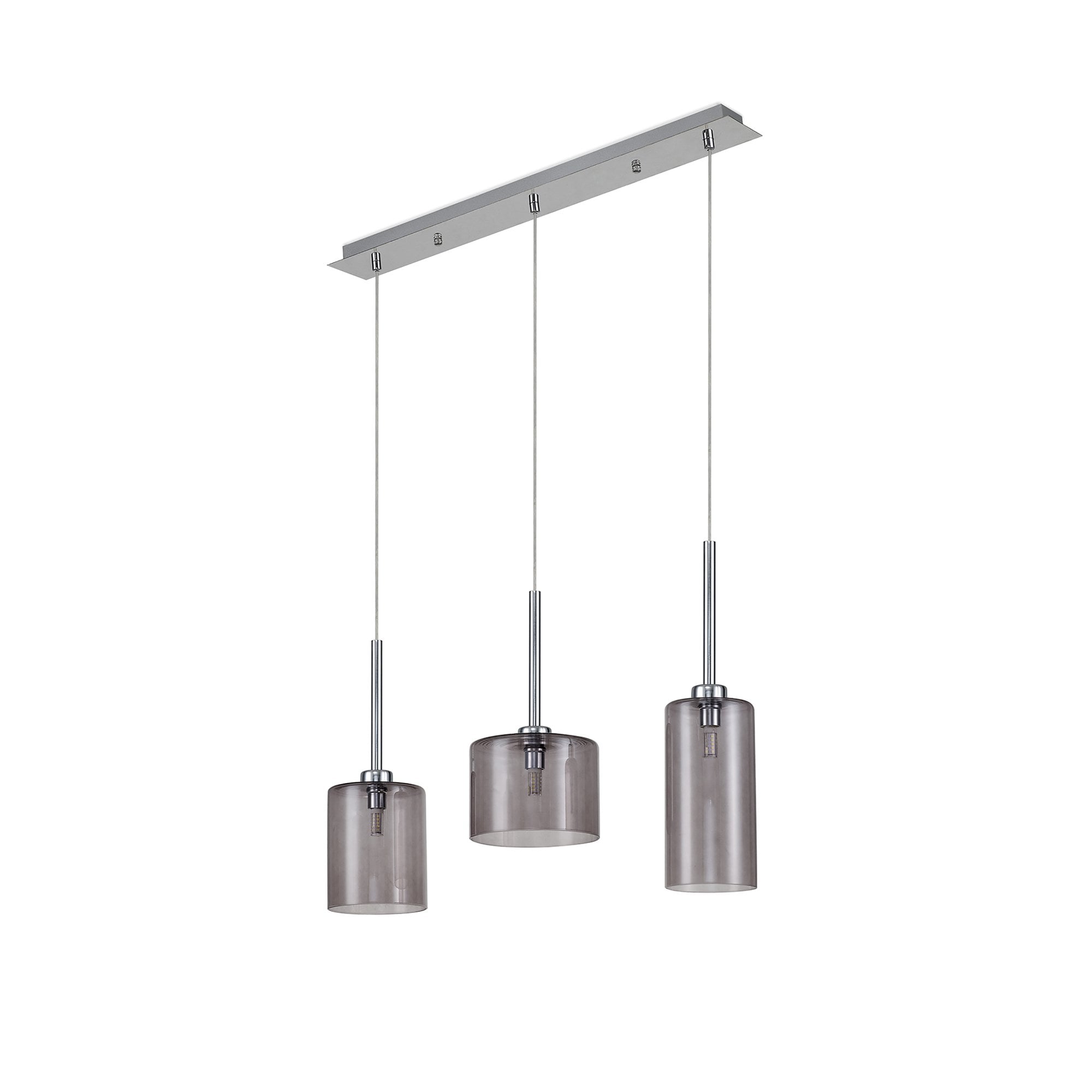 Fabula Tamworth 3 Light Linear Pendant - Mixed Cylinder Shades - Polished Chrome & Smoked Glass