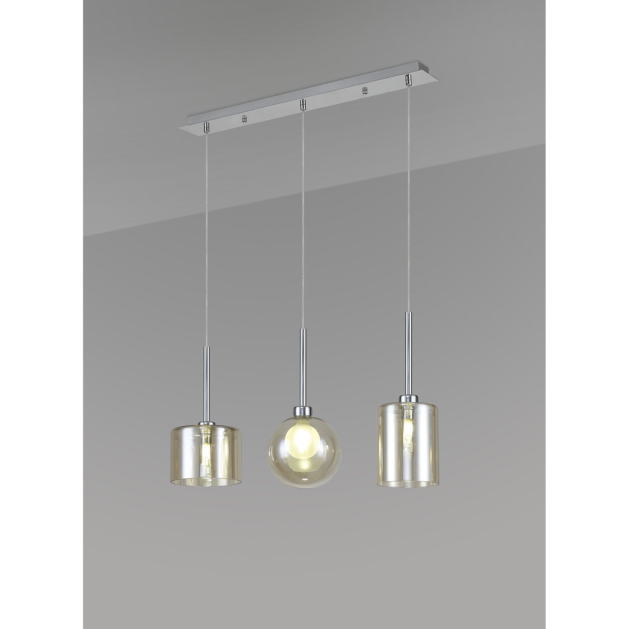 Fabula Tamworth 3 Light Linear Pendant - Mixed Shades F - Polished Chrome, Cognac & Frosted Glass