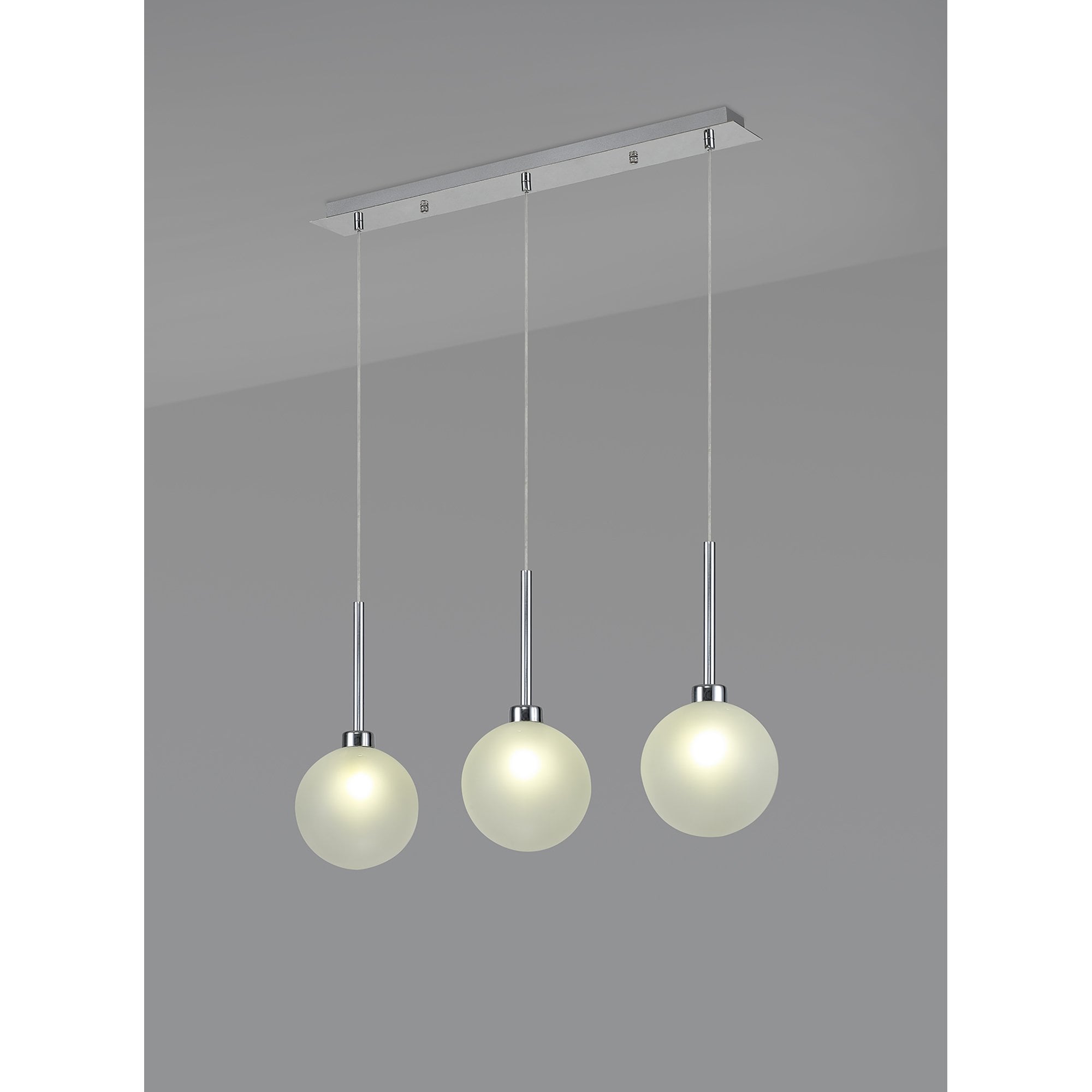 Fabula Tamworth 3 Light Linear Pendant - Round Shades with Inner Frosted Globes - Polished Chrome & Frosted Glass