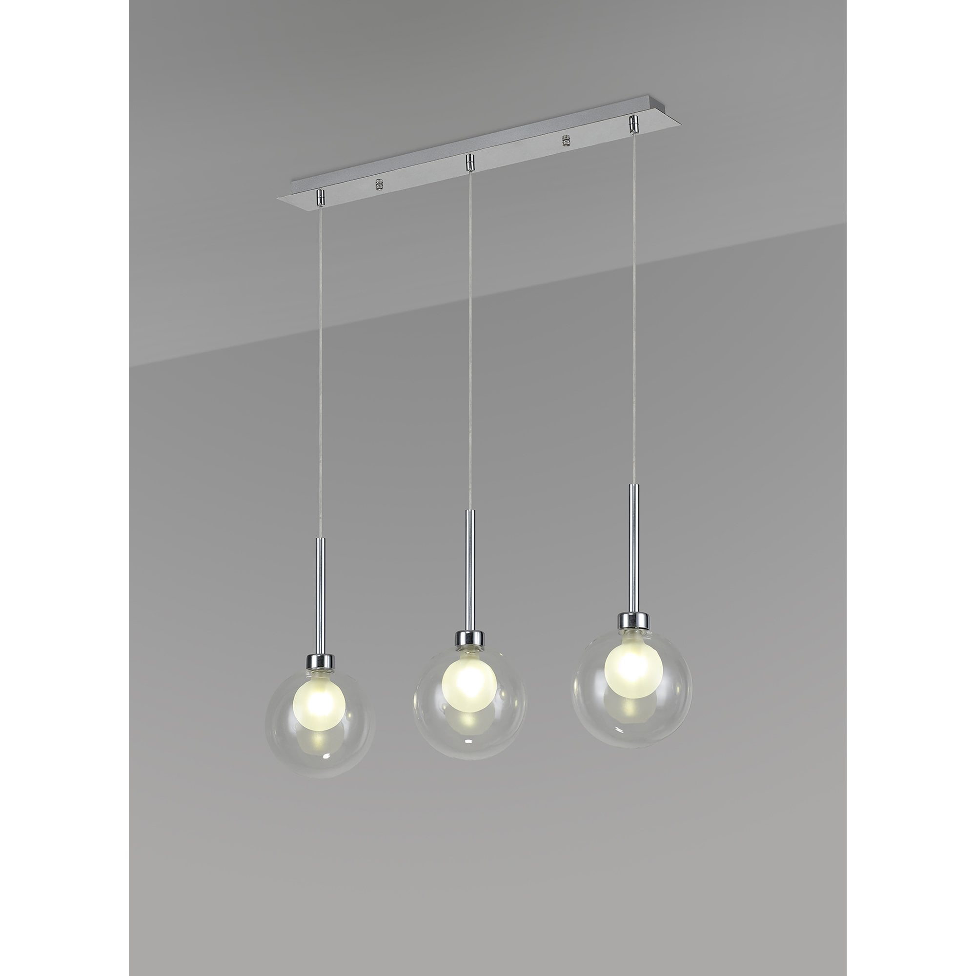 Fabula Tamworth 3 Light Linear Pendant - Round Shades with Inner Frosted Globes - Polished Chrome, Clear & Frosted Glass