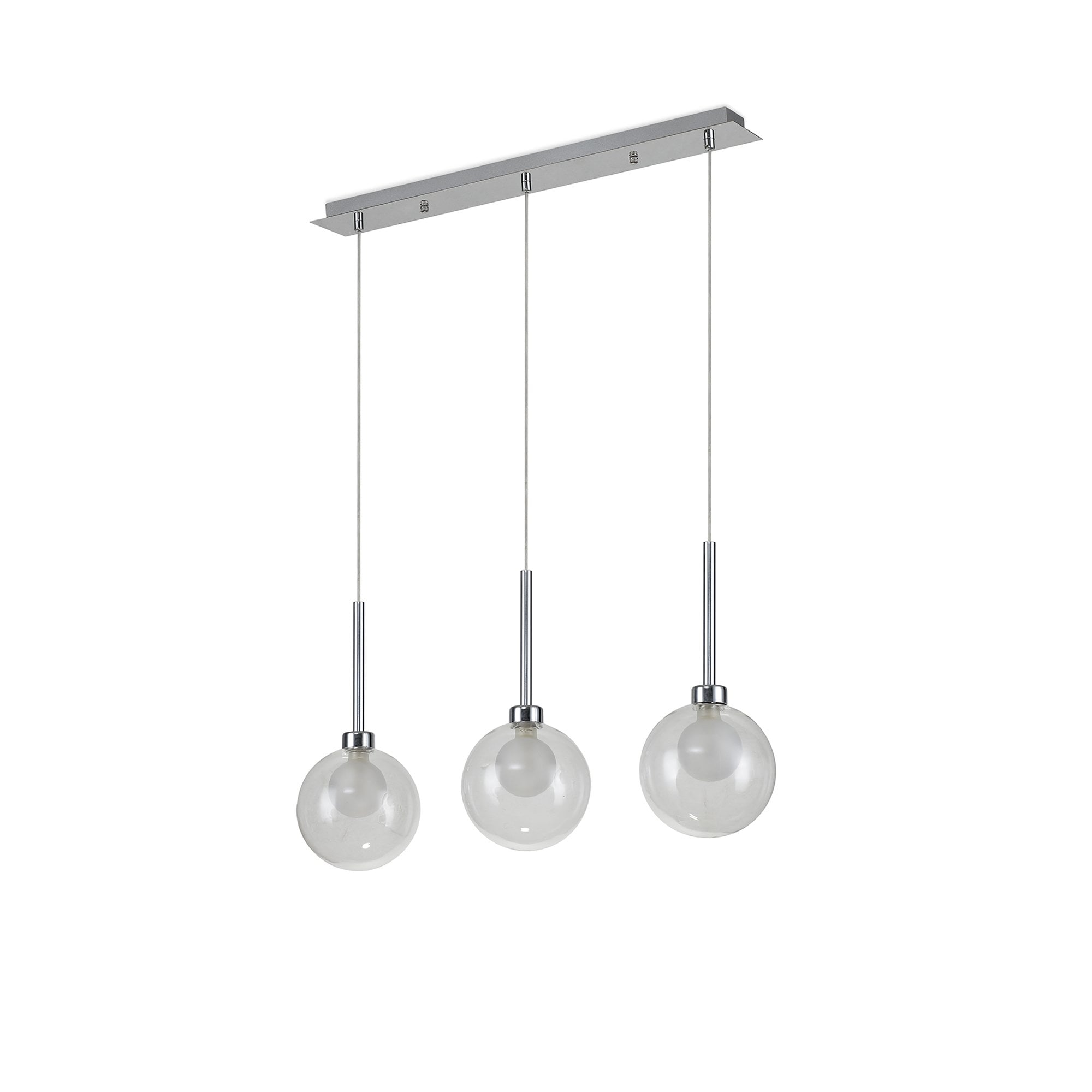 Fabula Tamworth 3 Light Linear Pendant - Round Shades with Inner Frosted Globes - Polished Chrome, Clear & Frosted Glass