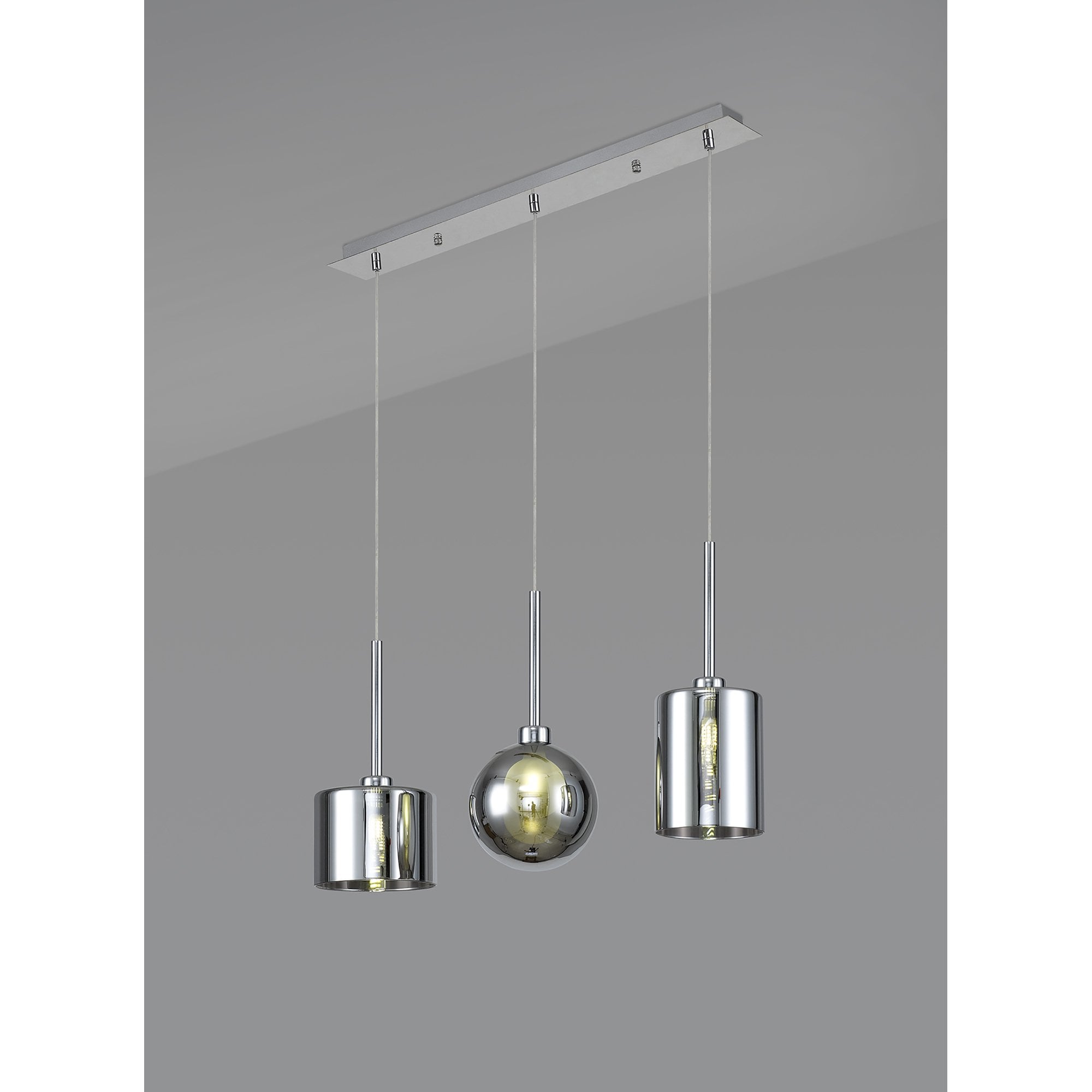 Fabula Tamworth 3 Light Linear Pendant - Mixed Shades F - Polished Chrome, Chrome & Frosted Glass