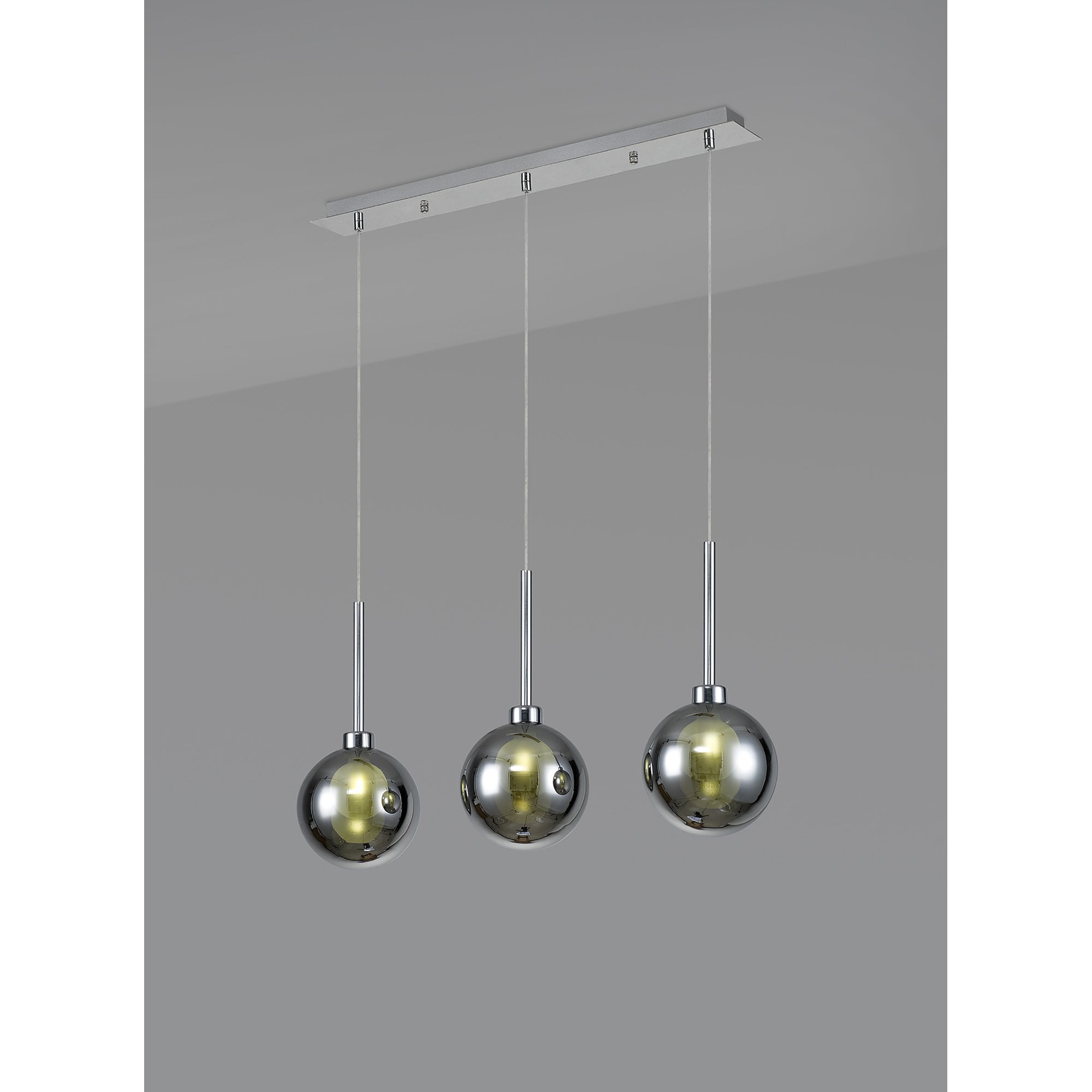 Fabula Tamworth 3 Light Linear Pendant - Round Shades with Inner Frosted Globes - Polished Chrome, Chrome & Frosted Glass