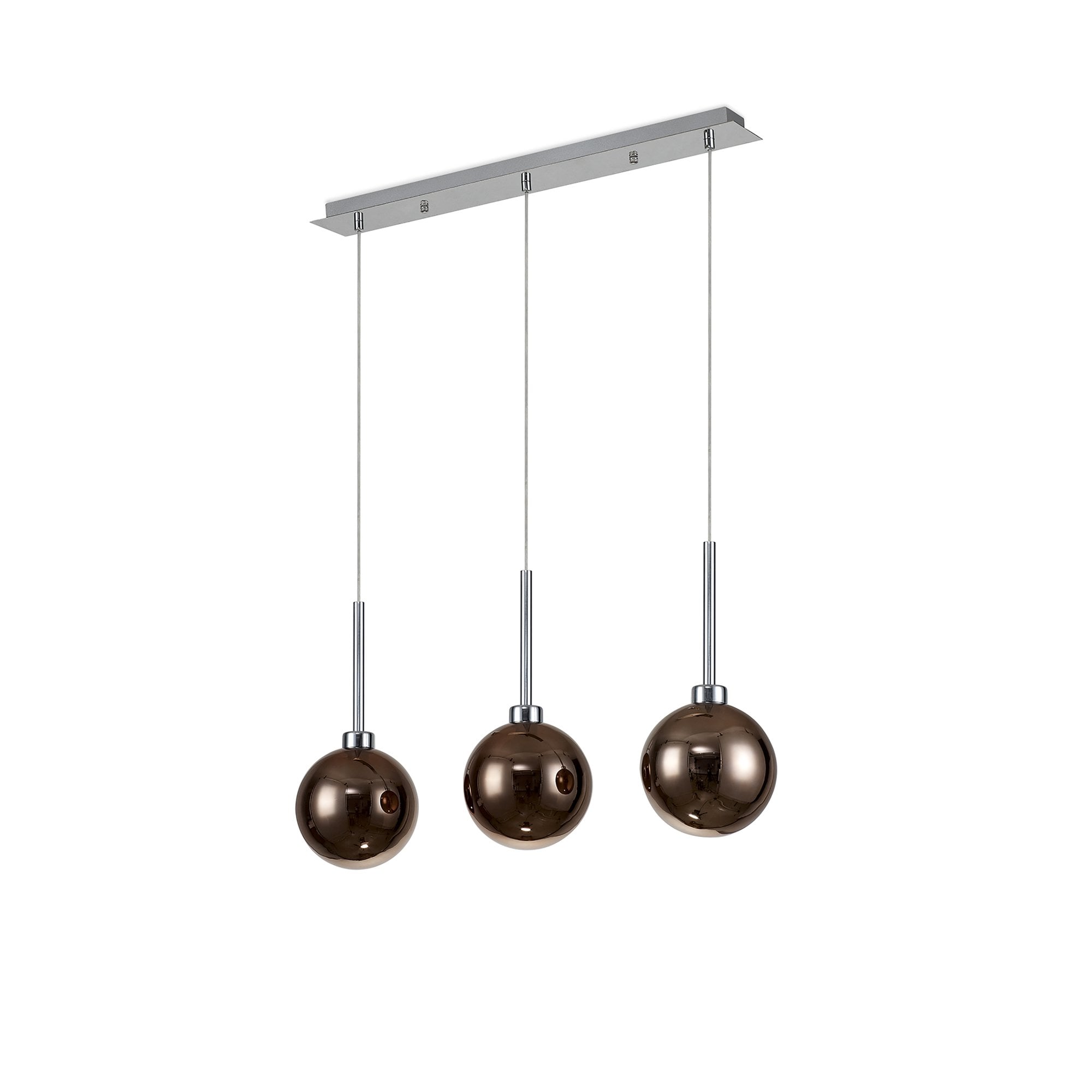 Fabula Tamworth 3 Light Linear Pendant - Round Shades with Inner Frosted Globes - Polished Chrome, Copper & Frosted Glass