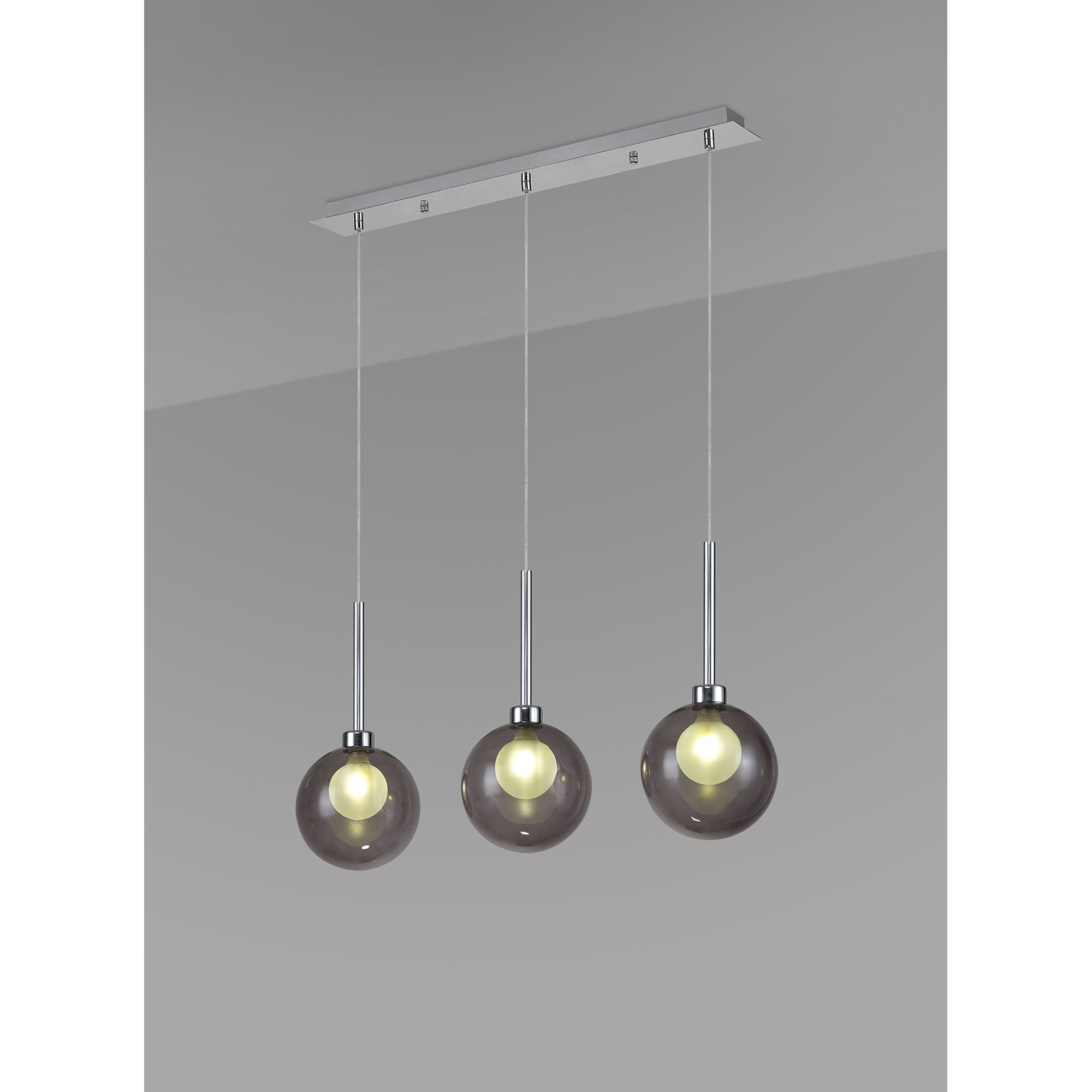 Fabula Tamworth 3 Light Linear Pendant - Round Shades with Inner Frosted Globes - Polished Chrome, Smoked & Frosted Glass