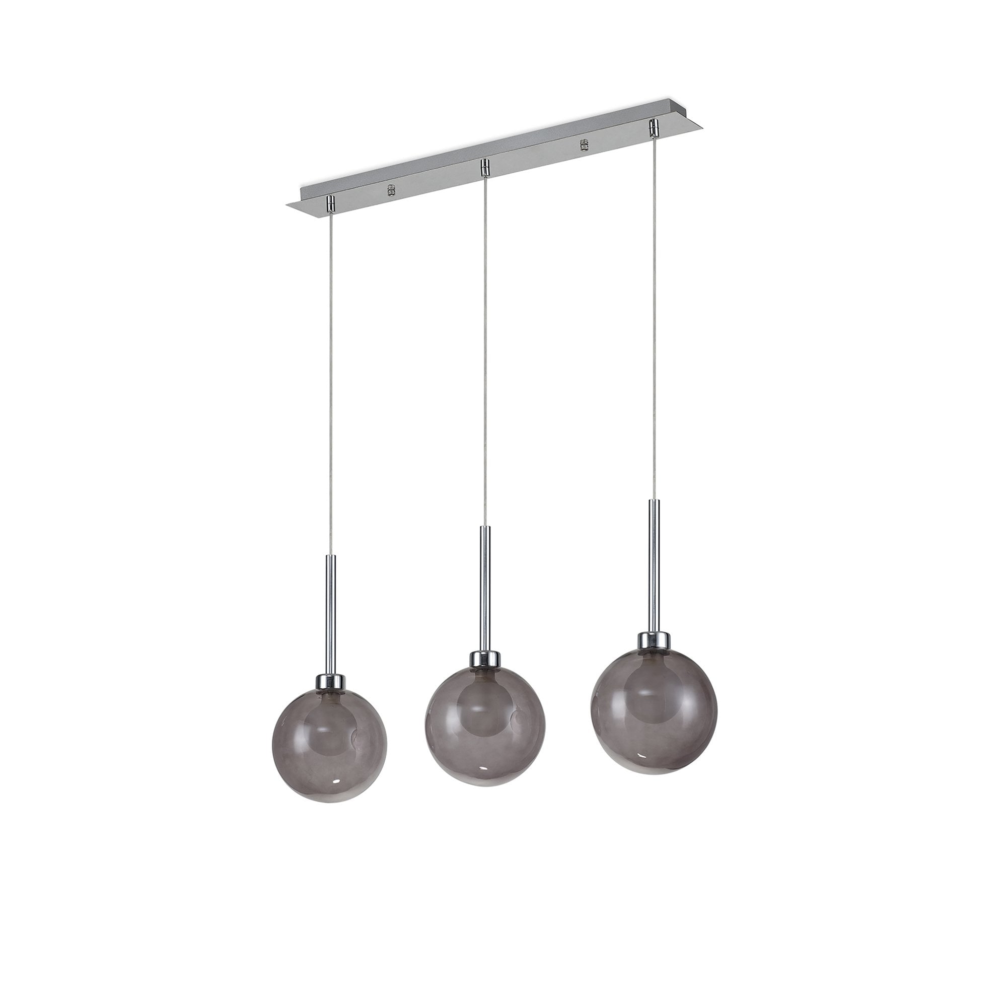 Fabula Tamworth 3 Light Linear Pendant - Round Shades with Inner Frosted Globes - Polished Chrome, Smoked & Frosted Glass