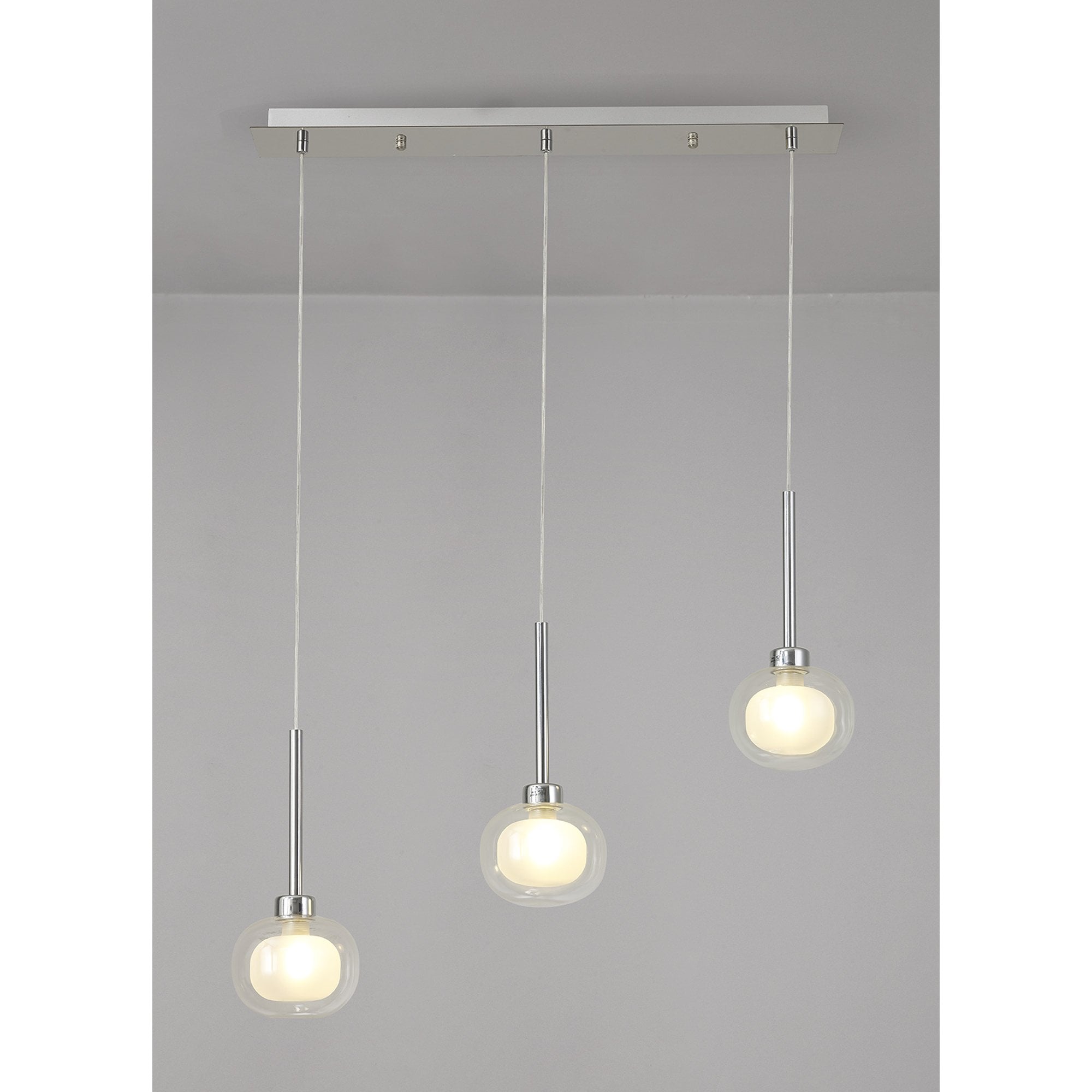 Fabula Tamworth 3 Light Linear Pendant - Flattened Round Shades with Inner Frosted Globes - Polished Chrome, Clear & Frosted Glass