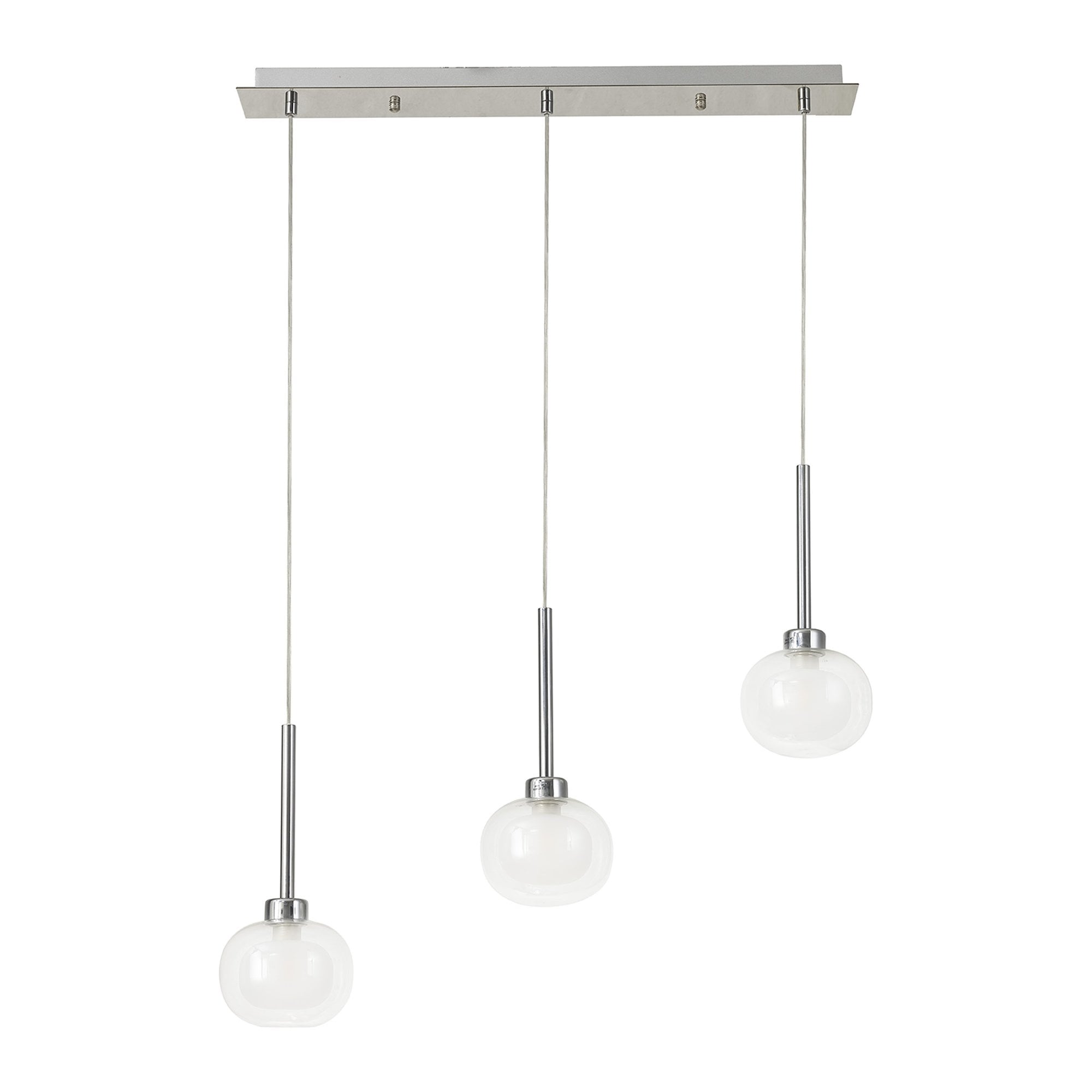 Fabula Tamworth 3 Light Linear Pendant - Flattened Round Shades with Inner Frosted Globes - Polished Chrome, Clear & Frosted Glass