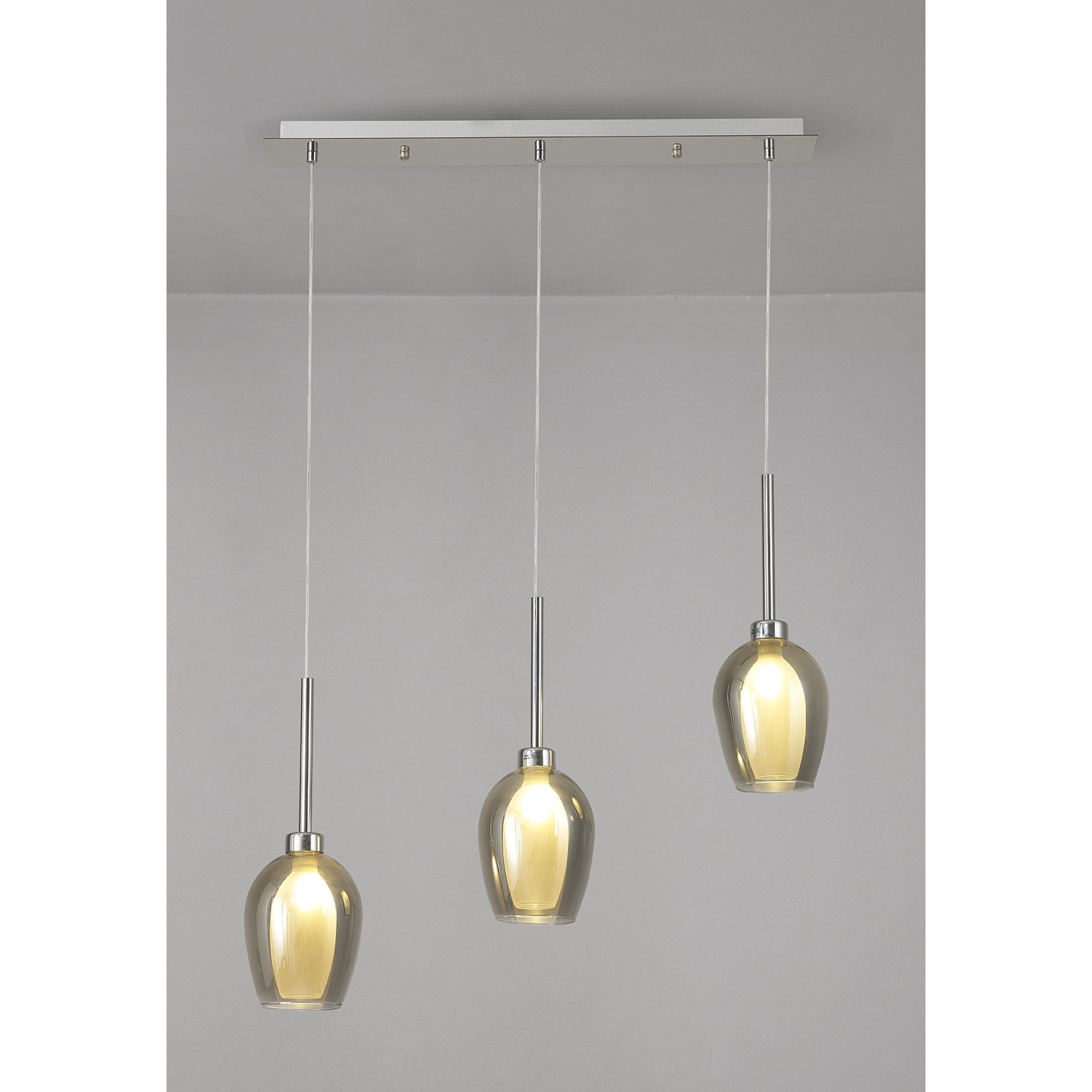 Fabula Tamworth 3 Light Linear Pendant - Wine Glass Shades with Inner Frosted Glass - Polished Chrome, Smoked & Frosted Glass