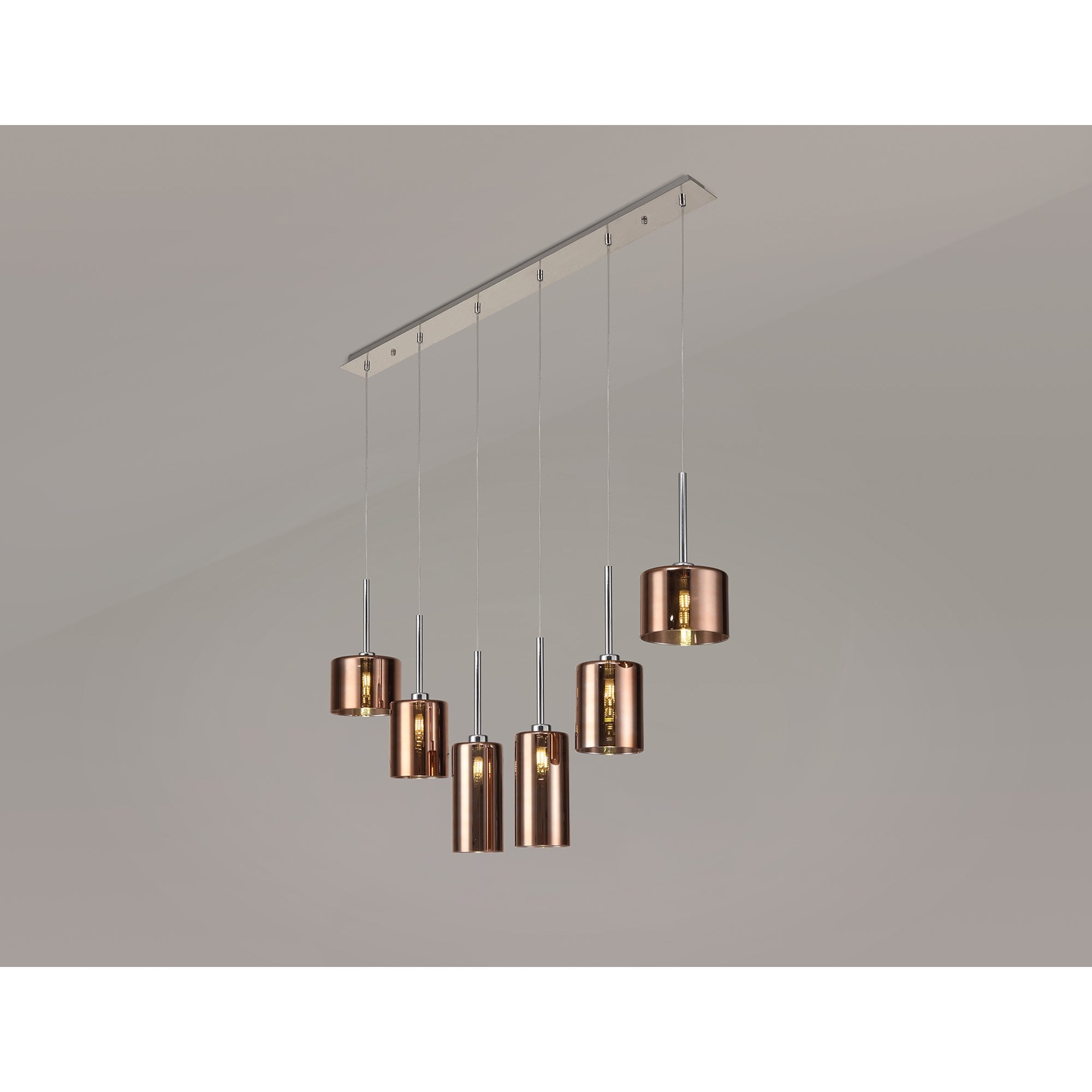 Fabula Tamworth 6 Light Linear Pendant - Mixed Cylinder Shades - Polished Chrome & Copper Glass
