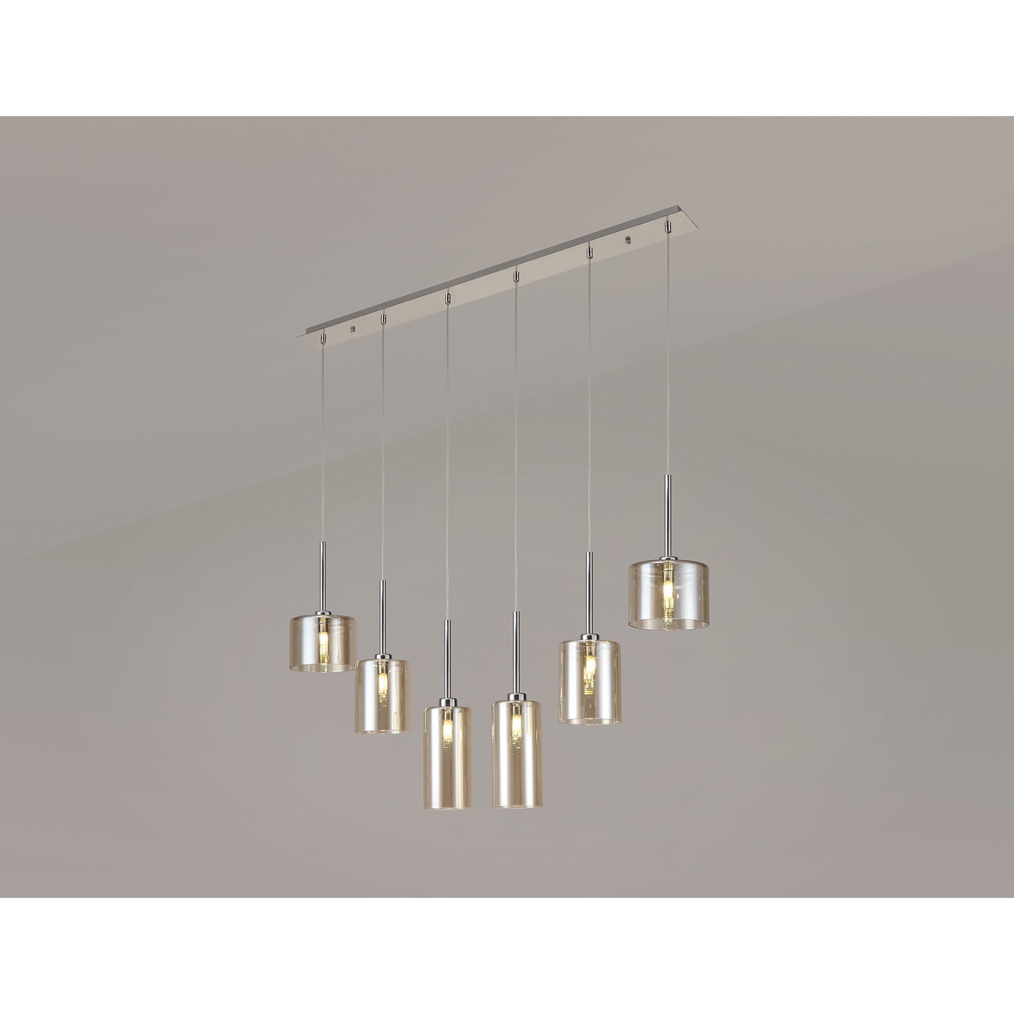Fabula Tamworth 6 Light Linear Pendant - Mixed Cylinder Shades - Polished Chrome & Cognac Glass