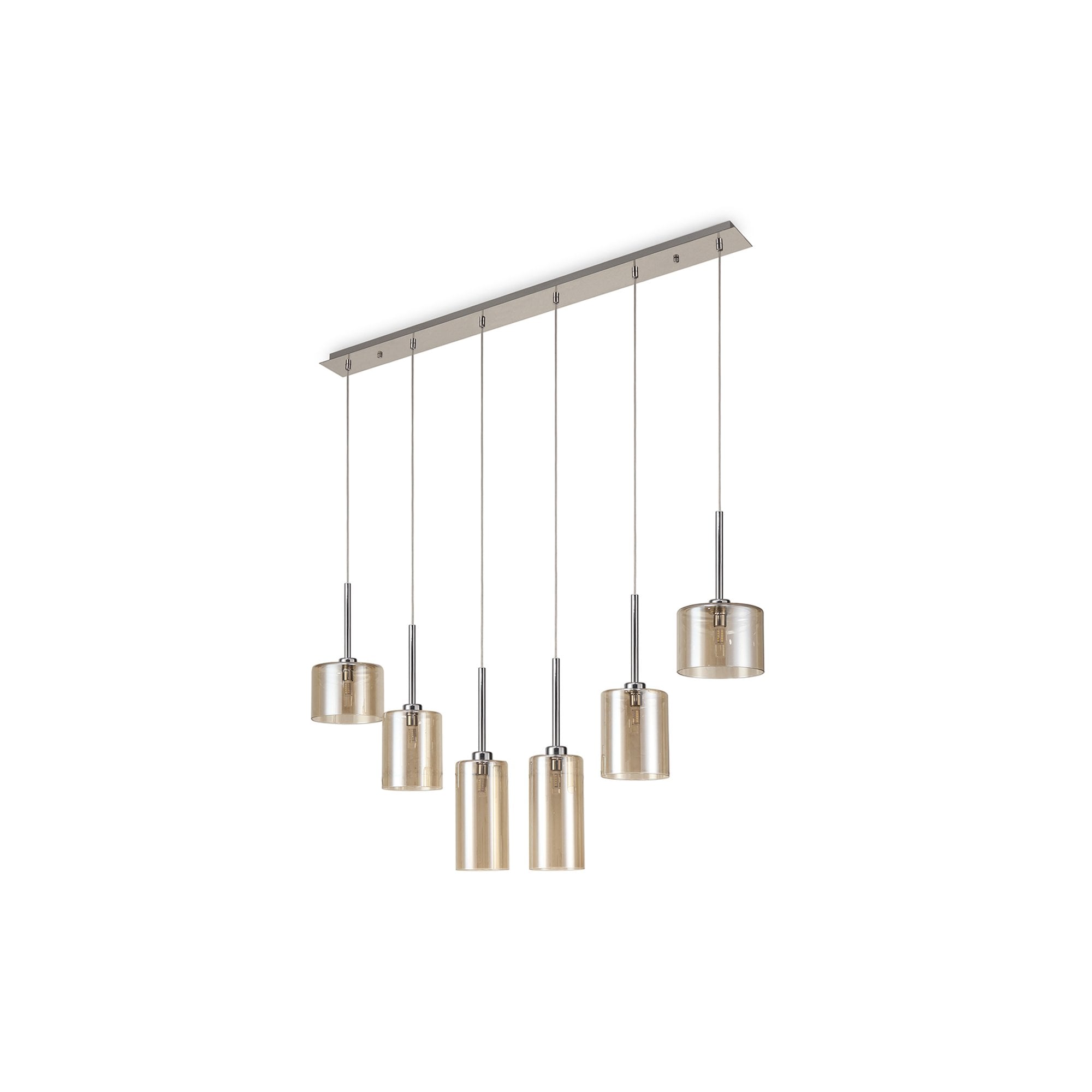 Fabula Tamworth 6 Light Linear Pendant - Mixed Cylinder Shades - Polished Chrome & Cognac Glass