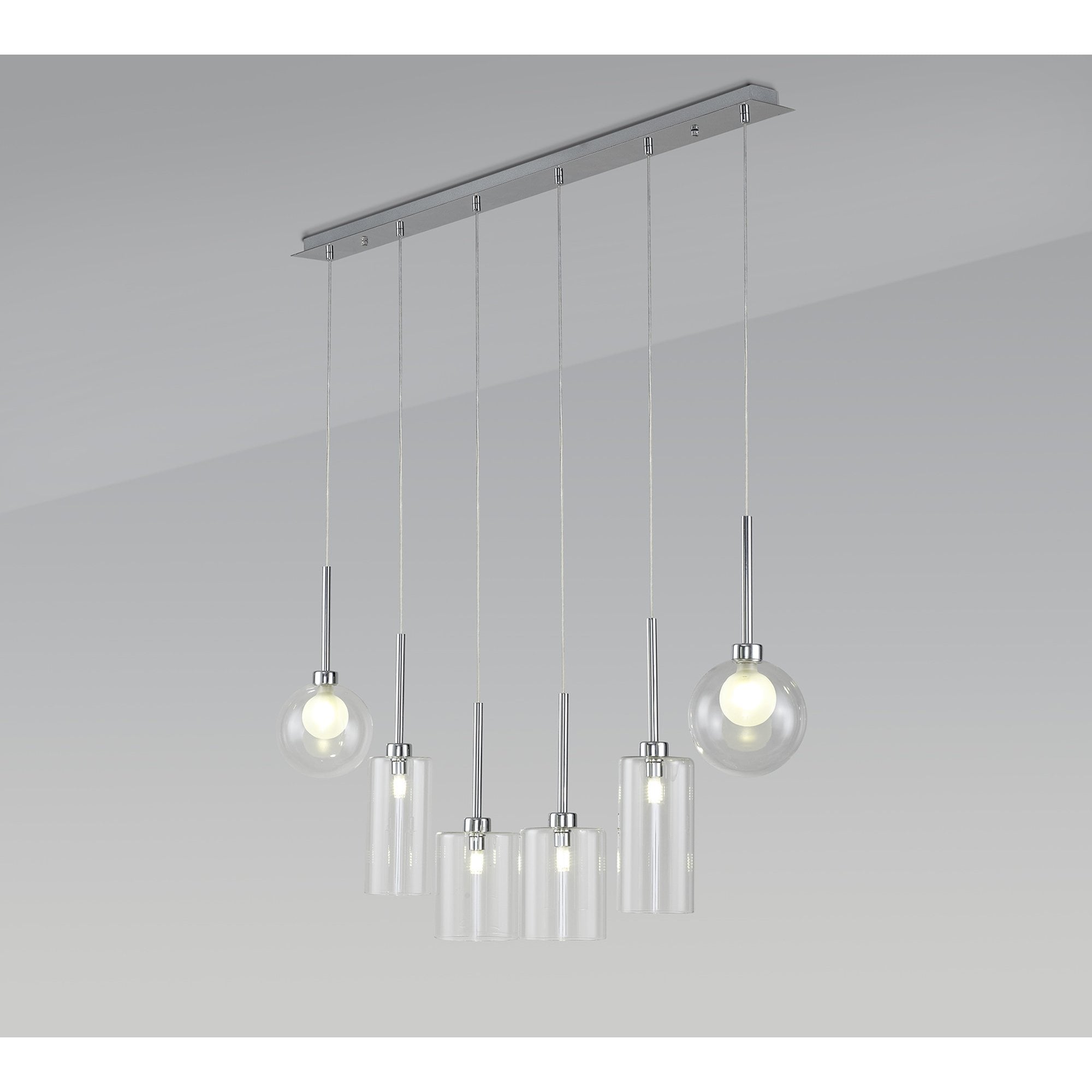 Fabula Tamworth 6 Light Linear Pendant - Mixed Shades D - Polished Chrome, Clear & Frosted Glass
