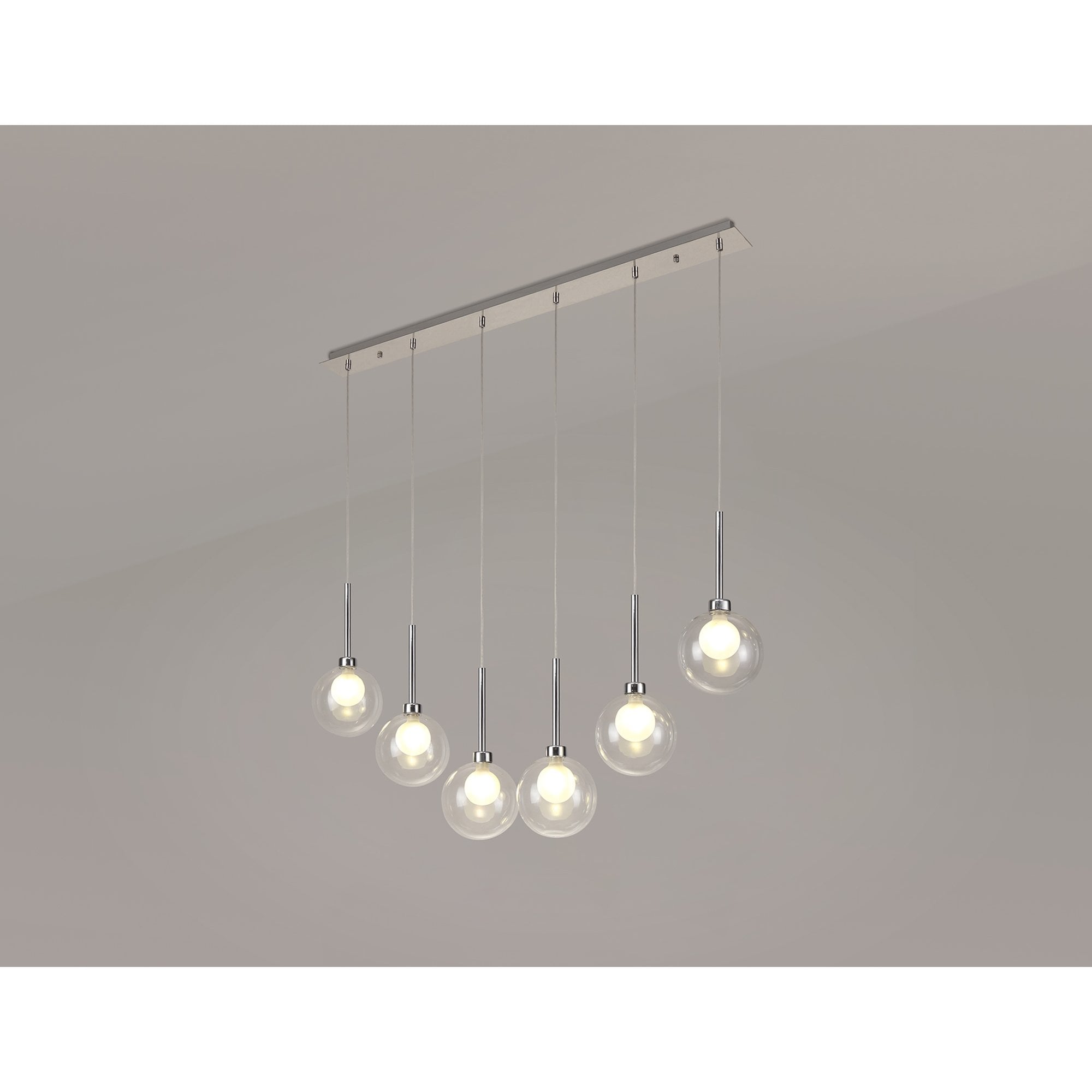 Fabula Tamworth 6 Light Linear Pendant - Round Shades with Inner Frosted Globes - Polished Chrome, Clear & Frosted Glass
