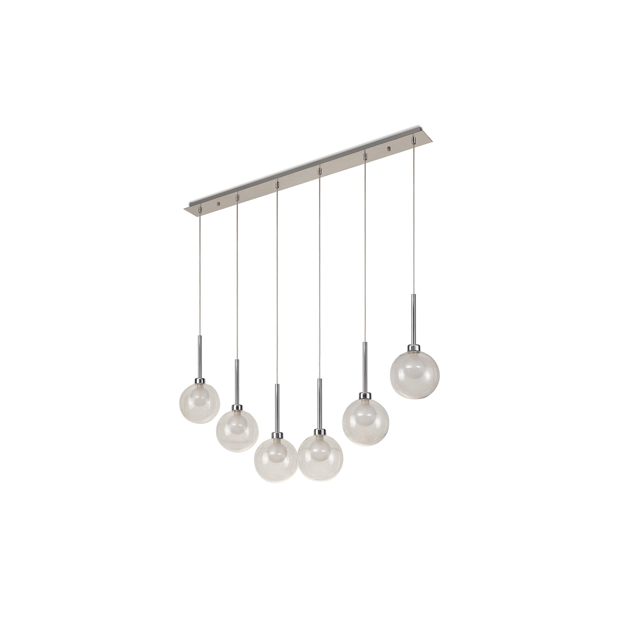 Fabula Tamworth 6 Light Linear Pendant - Round Shades with Inner Frosted Globes - Polished Chrome, Clear & Frosted Glass