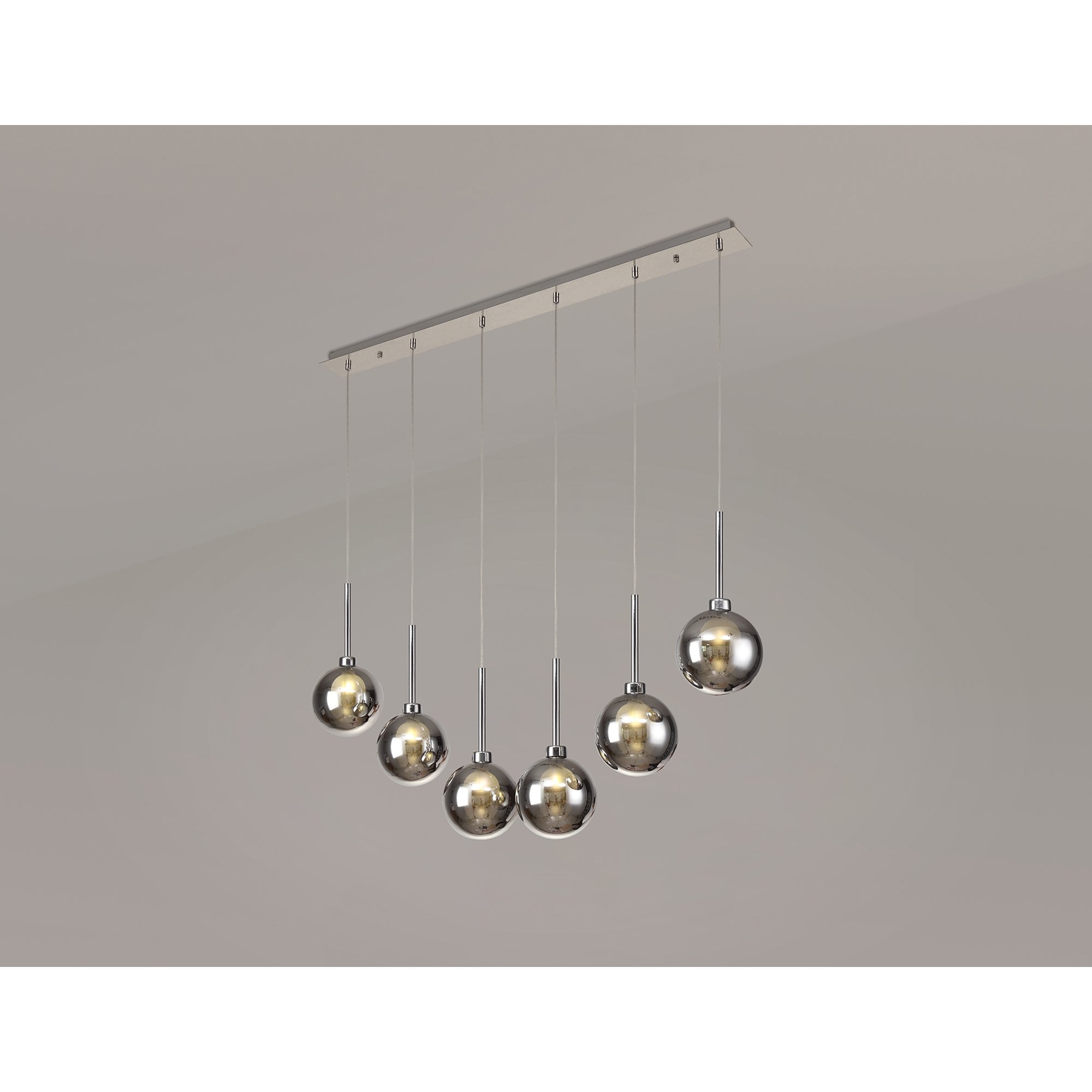 Fabula Tamworth 6 Light Linear Pendant - Round Shades with Inner Frosted Globes - Polished Chrome, Chrome & Frosted Glass
