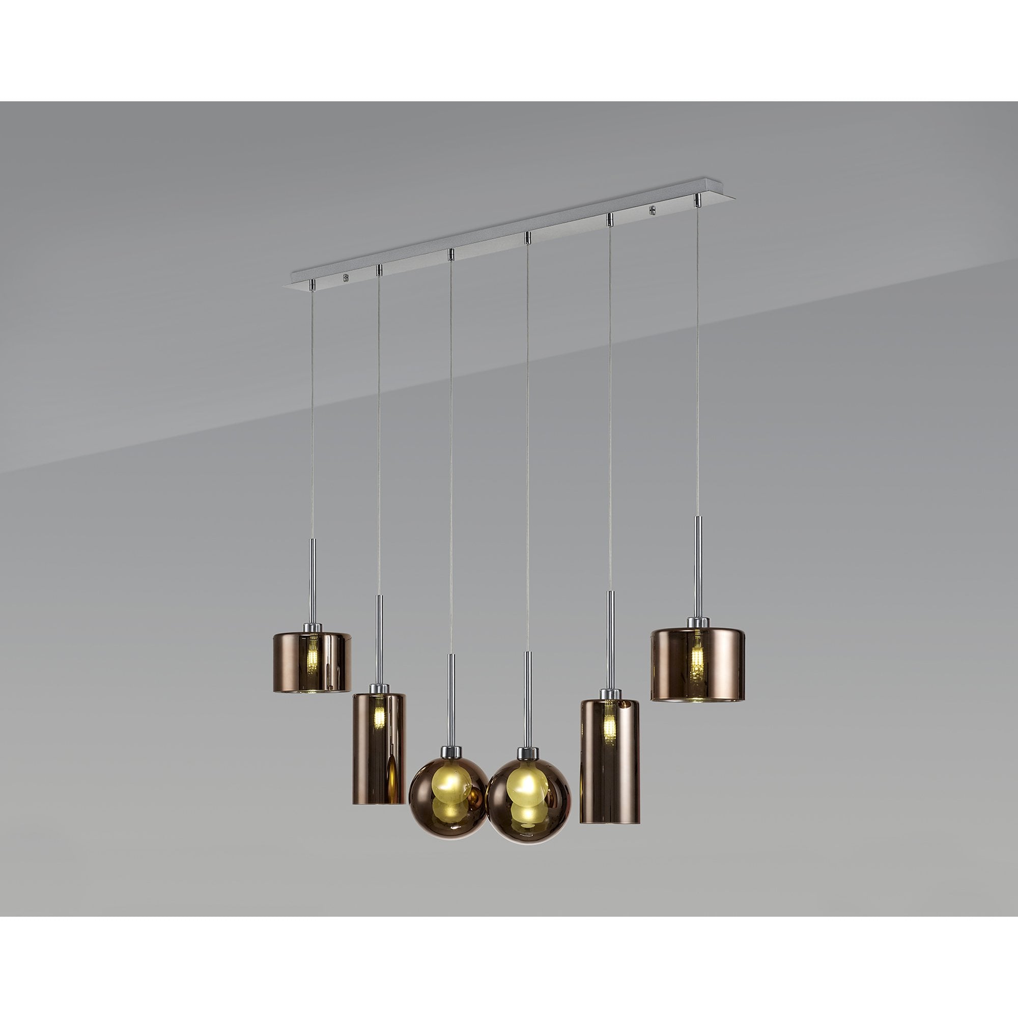 Fabula Tamworth 6 Light Linear Pendant - Mixed Shades E - Polished Chrome, Copper & Frosted Glass