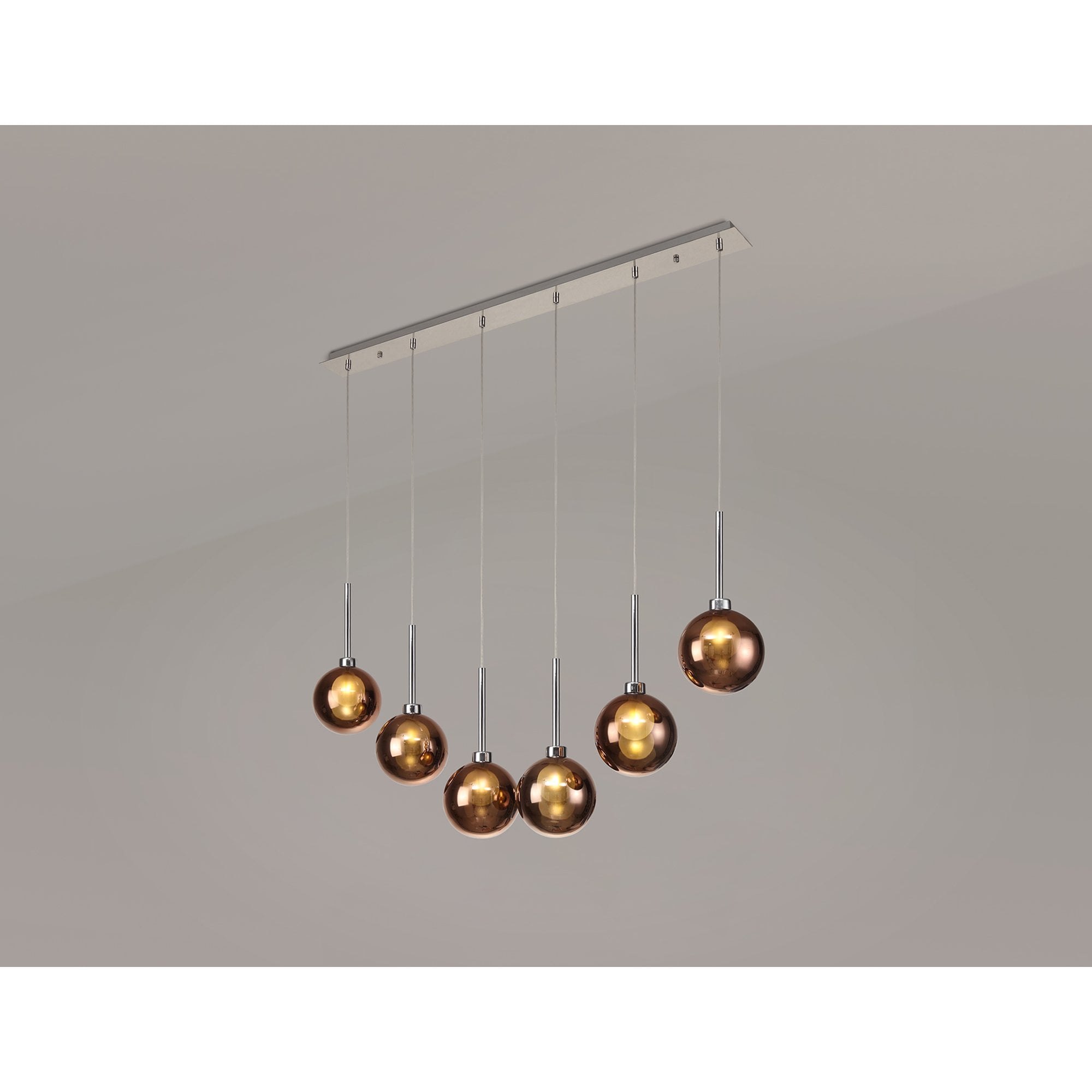 Fabula Tamworth 6 Light Linear Pendant - Round Shades with Inner Frosted Globes - Polished Chrome, Copper & Frosted Glass
