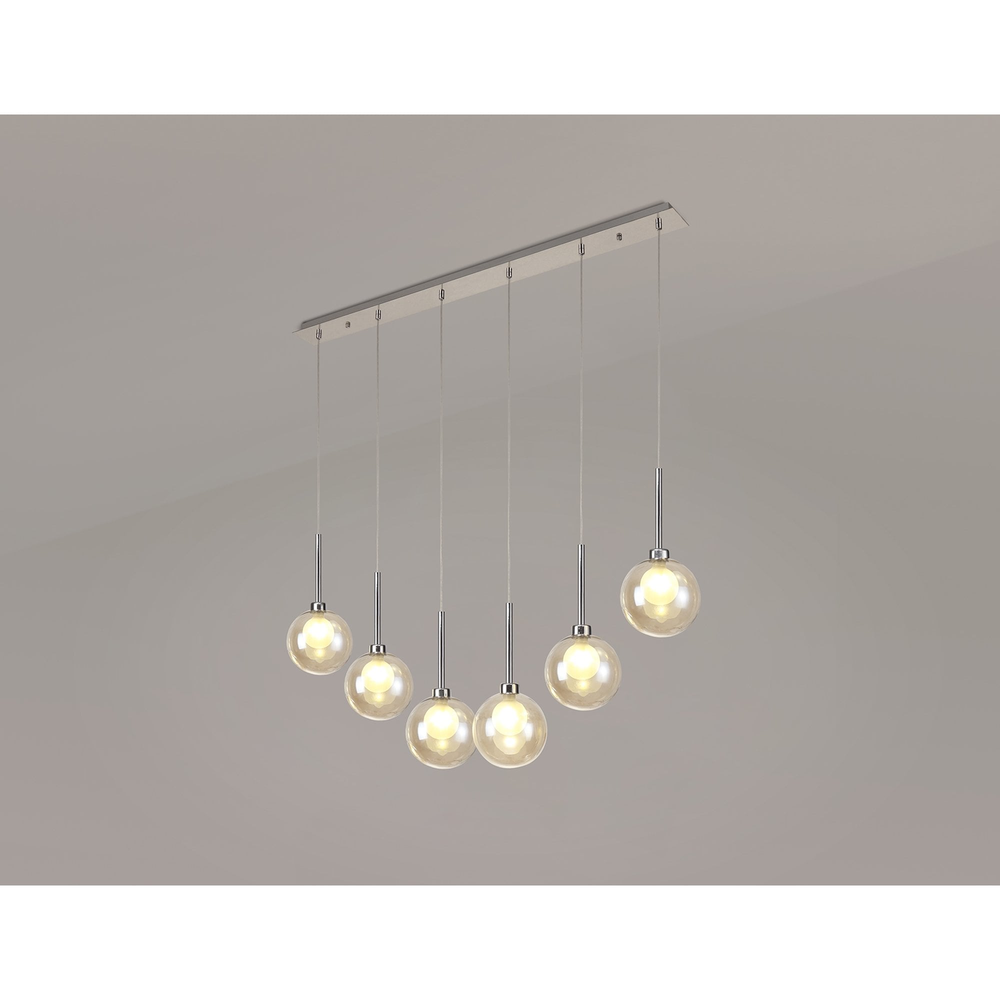 Fabula Tamworth 6 Light Linear Pendant - Round Shades with Inner Frosted Globes - Polished Chrome, Cognac & Frosted Glass