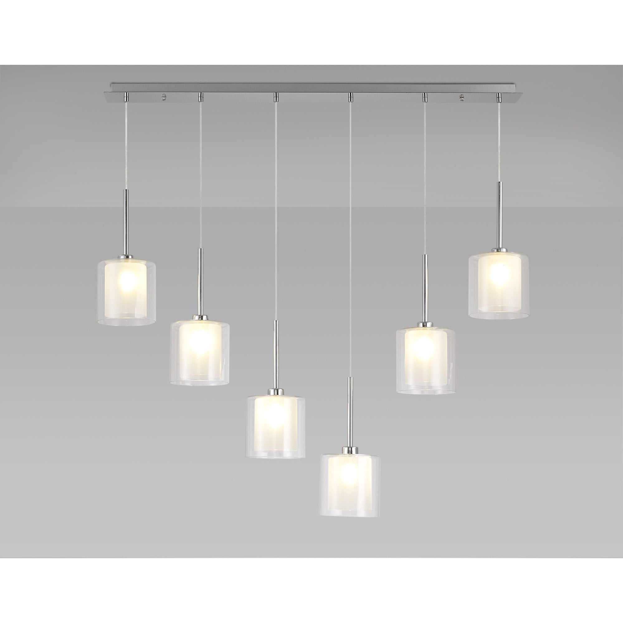 Fabula Tamworth 6 Light Linear Pendant - Medium Cylinder Shades with Clear Outer Glass - Polished Chrome, Frosted & Clear Glass