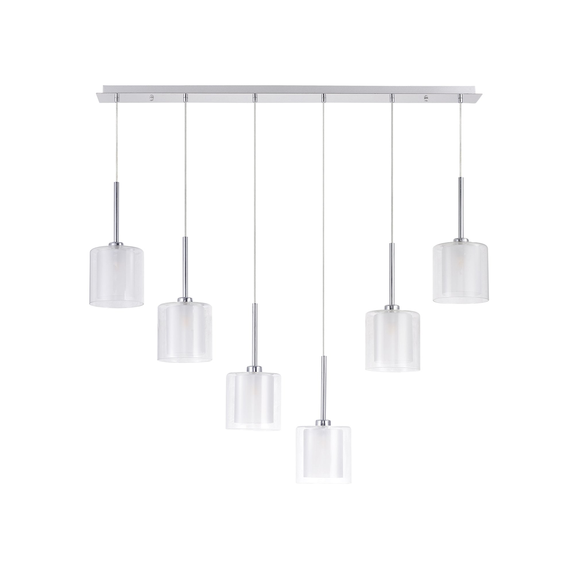 Fabula Tamworth 6 Light Linear Pendant - Medium Cylinder Shades with Clear Outer Glass - Polished Chrome, Frosted & Clear Glass