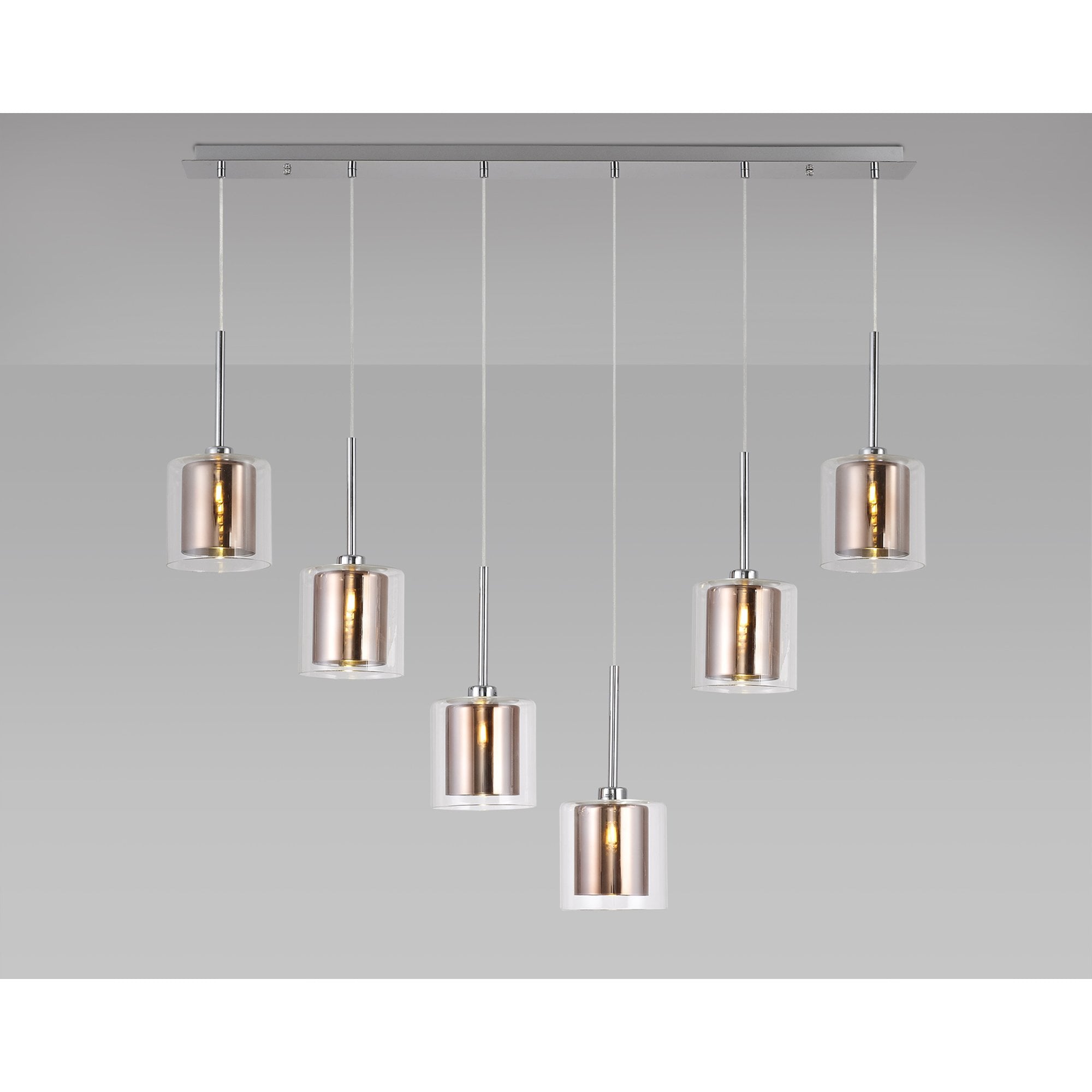 Fabula Tamworth 6 Light Linear Pendant - Medium Cylinder Shades with Clear Outer Glass - Polished Chrome, Copper & Clear Glass