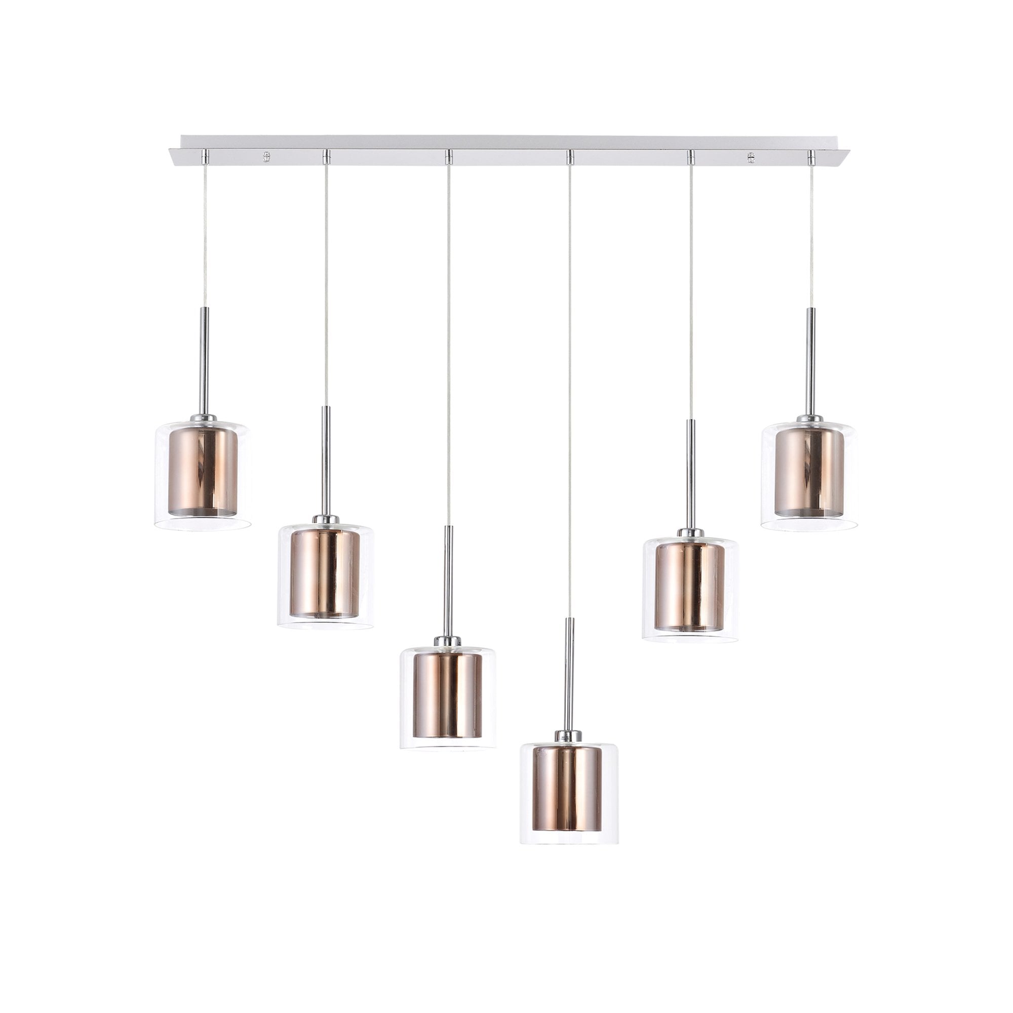 Fabula Tamworth 6 Light Linear Pendant - Medium Cylinder Shades with Clear Outer Glass - Polished Chrome, Copper & Clear Glass