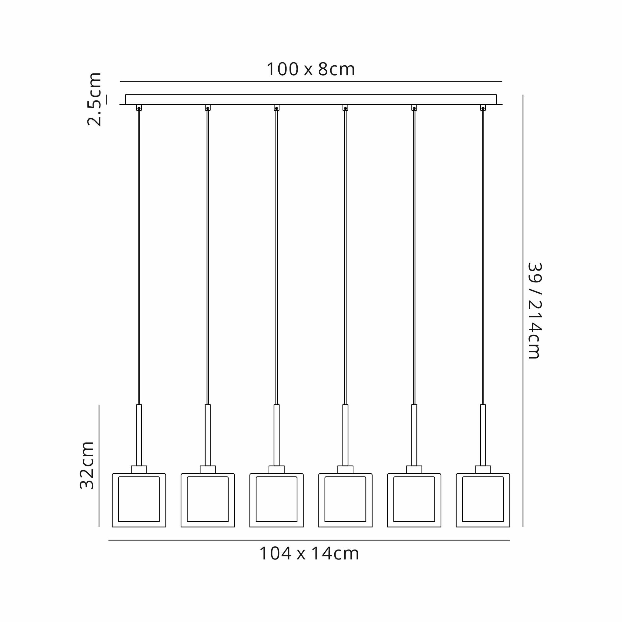 Fabula Tamworth 6 Light Linear Pendant - Medium Cylinder Shades with Clear Outer Glass - Polished Chrome, Copper & Clear Glass