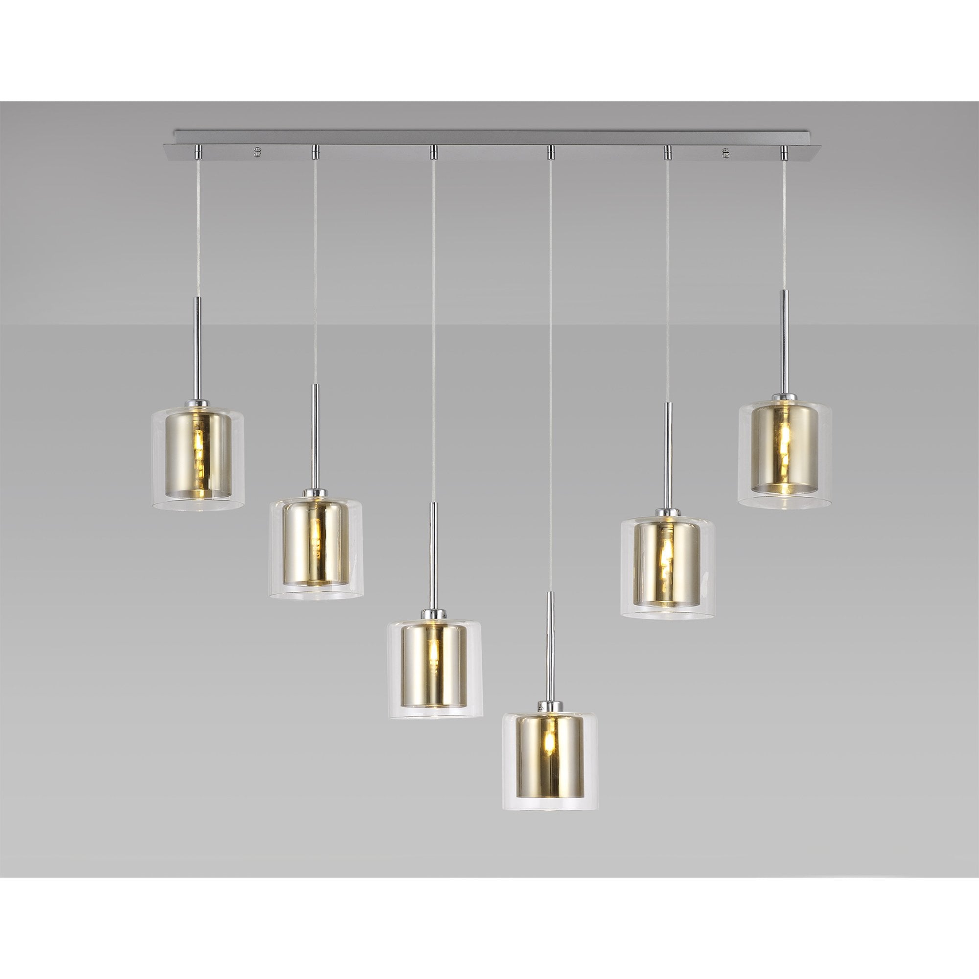 Fabula Tamworth 6 Light Linear Pendant - Medium Cylinder Shades with Clear Outer Glass - Polished Chrome, Gold & Clear Glass