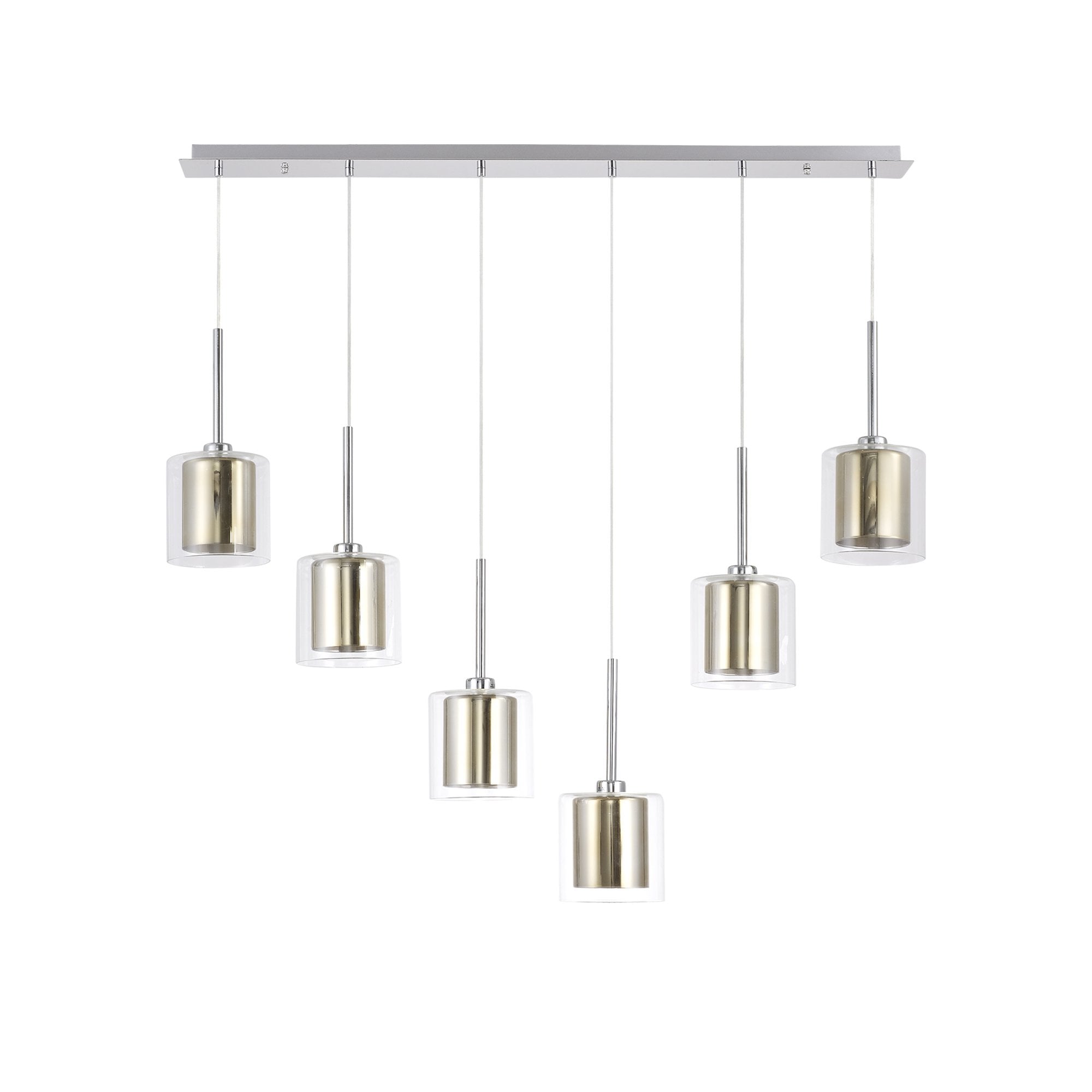 Fabula Tamworth 6 Light Linear Pendant - Medium Cylinder Shades with Clear Outer Glass - Polished Chrome, Gold & Clear Glass
