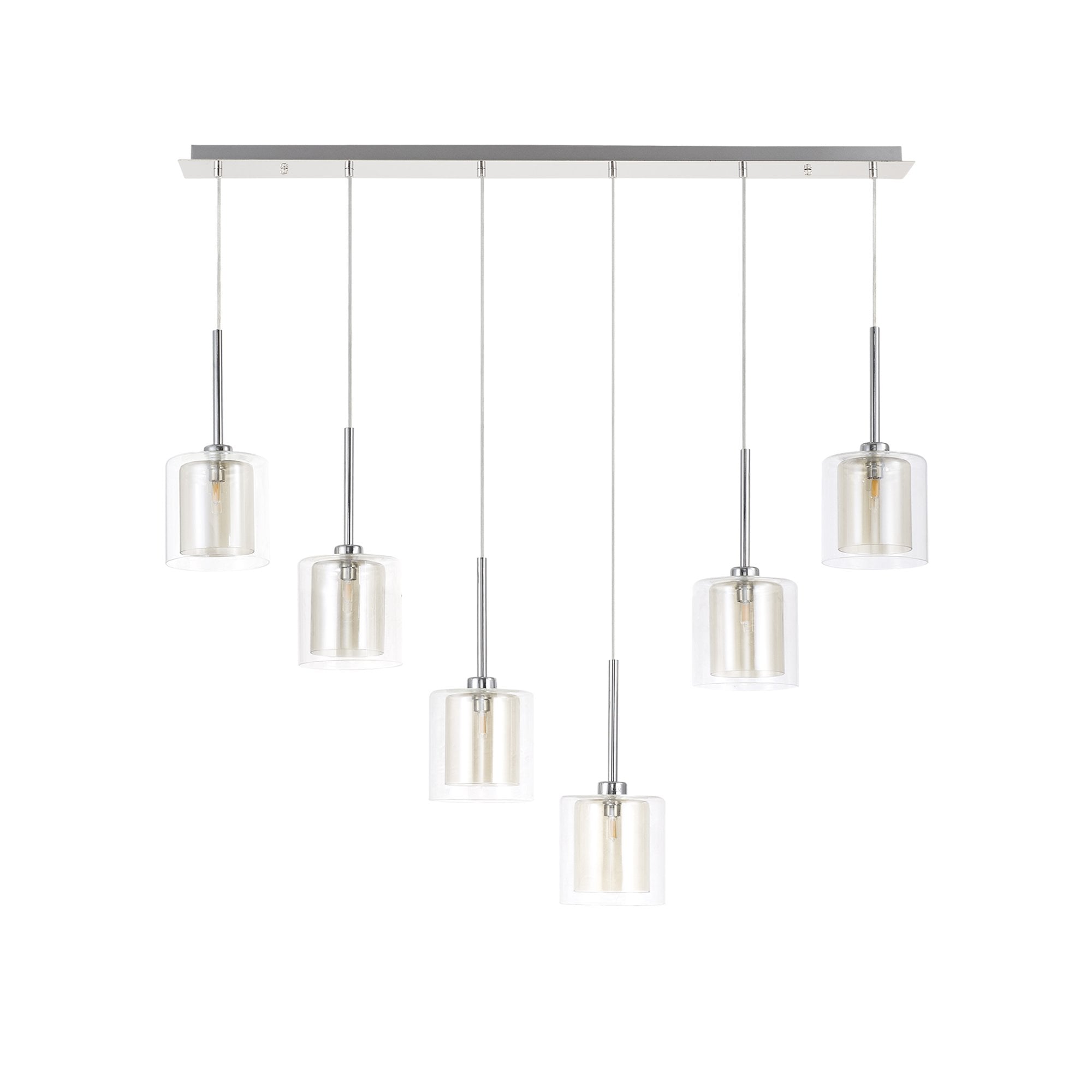 Fabula Tamworth 6 Light Linear Pendant - Medium Cylinder Shades with Clear Outer Glass - Polished Chrome, Cognac & Clear Glass