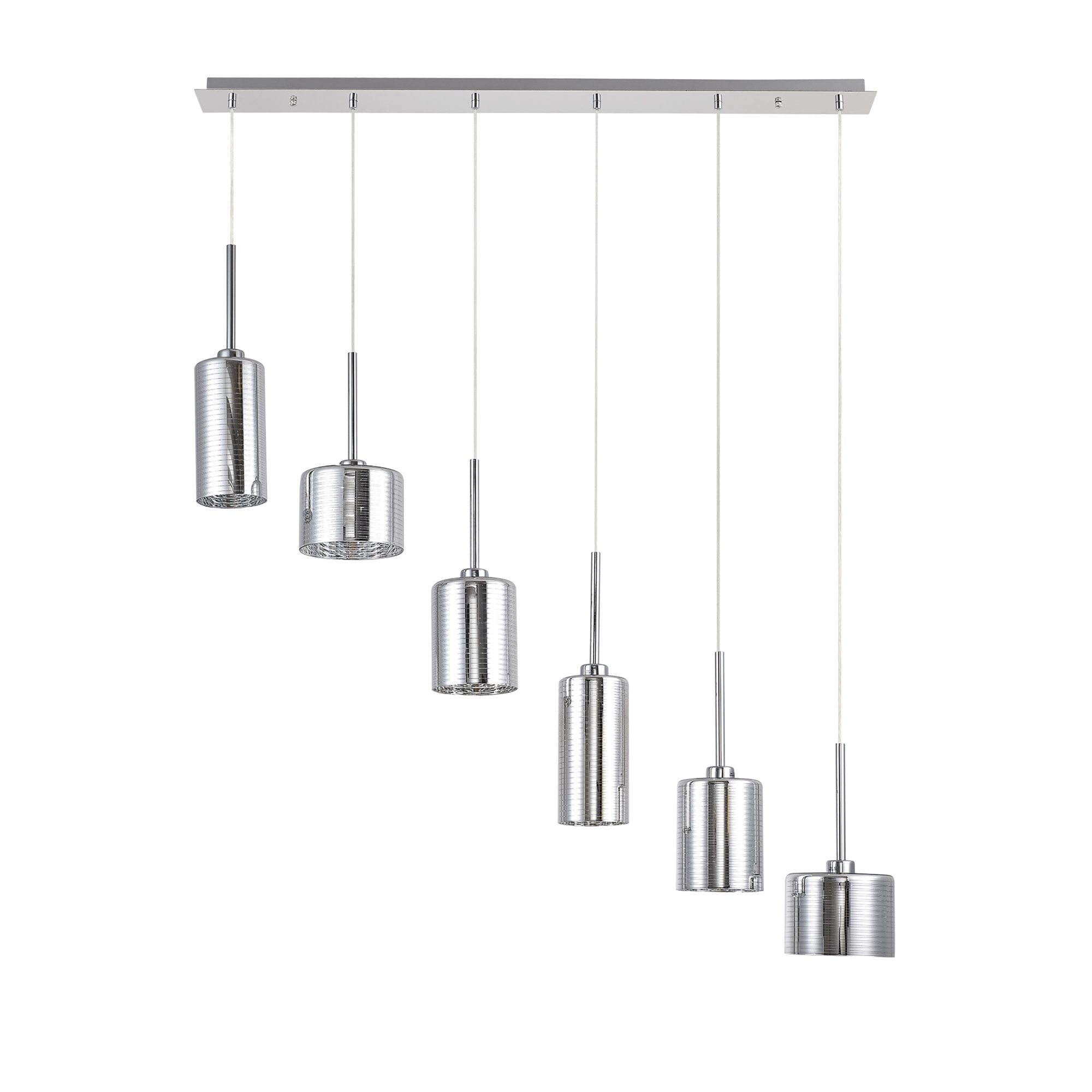 Fabula Tamworth 6 Light Linear Pendant - Mixed Cylinder Shades - Polished Chrome & Chrome Lined Glass