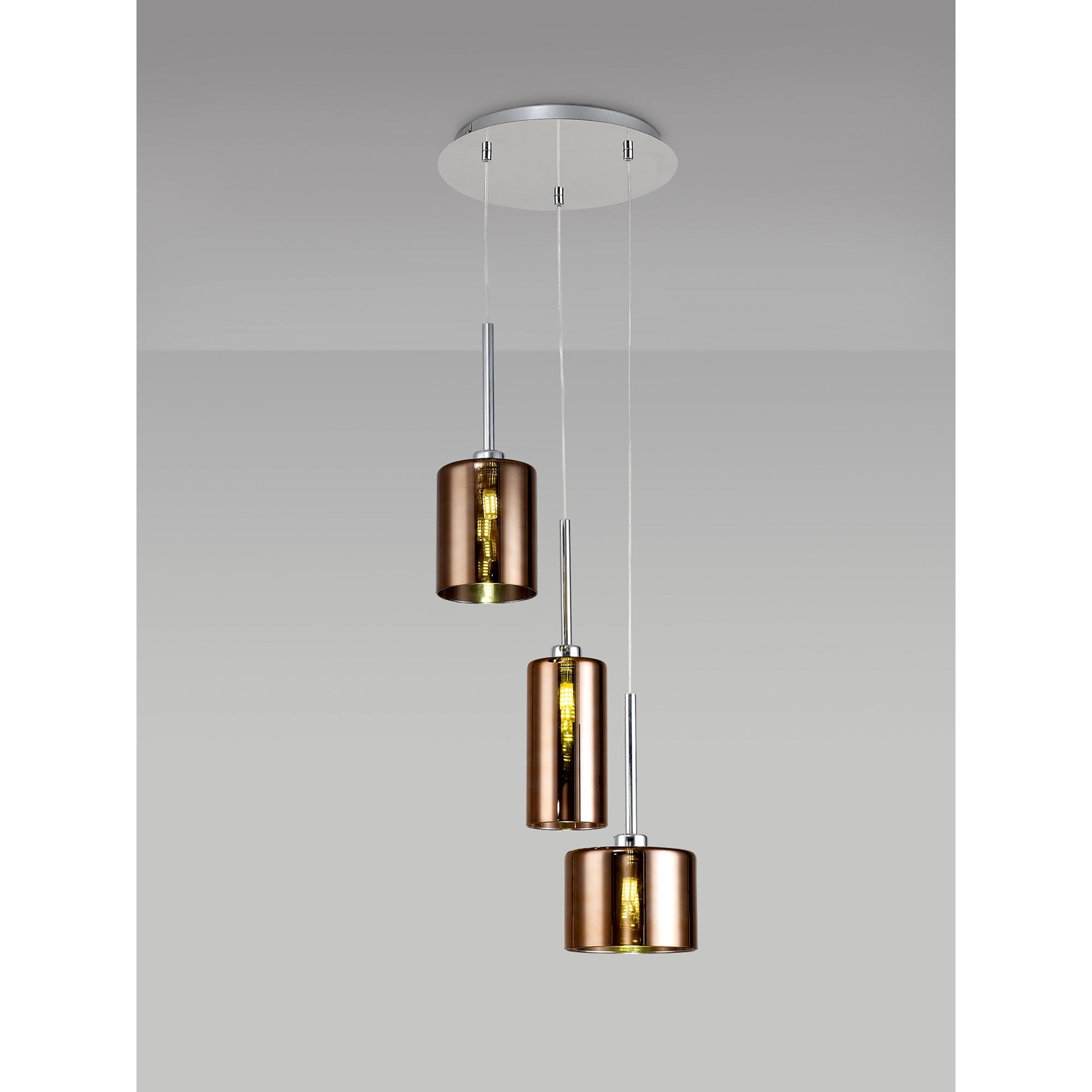 Fabula Tamworth 3 Light Round Pendant - Mixed Cylinder Shades - Polished Chrome & Copper Glass
