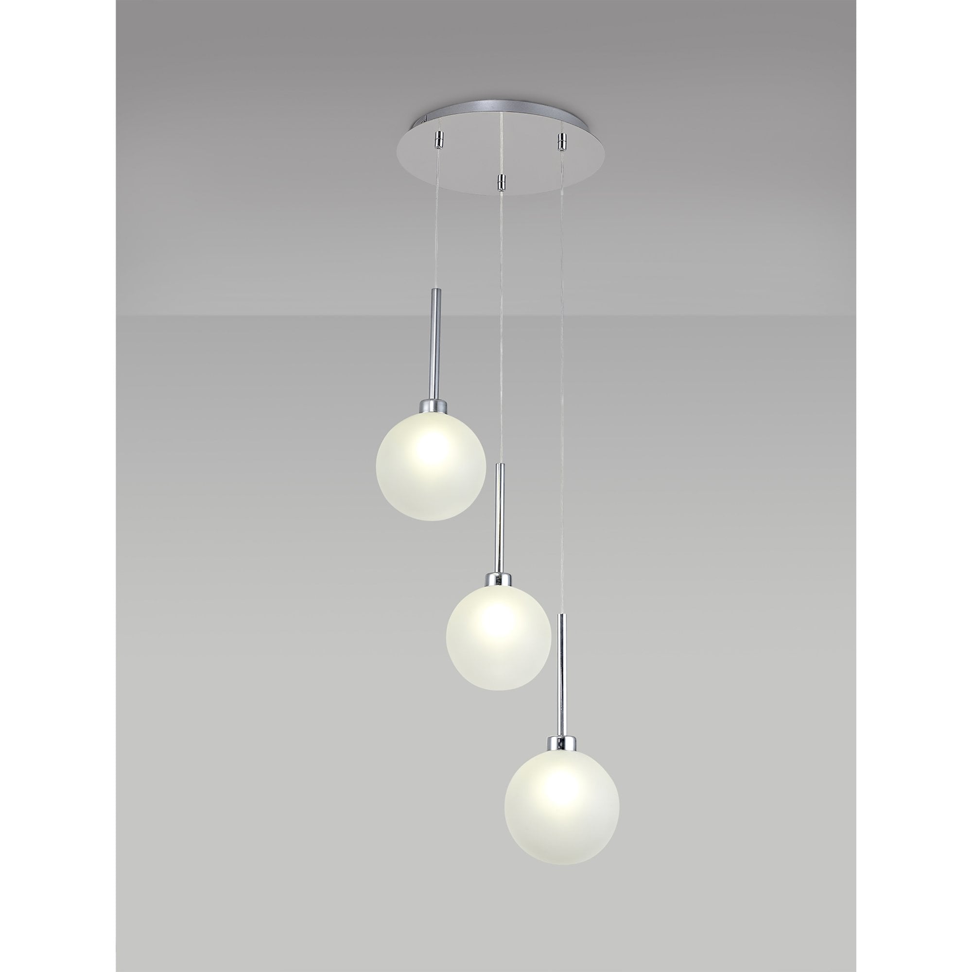 Fabula Tamworth 3 Light Round Pendant - Round Shades with Inner Frosted Globes - Polished Chrome & Frosted Glass