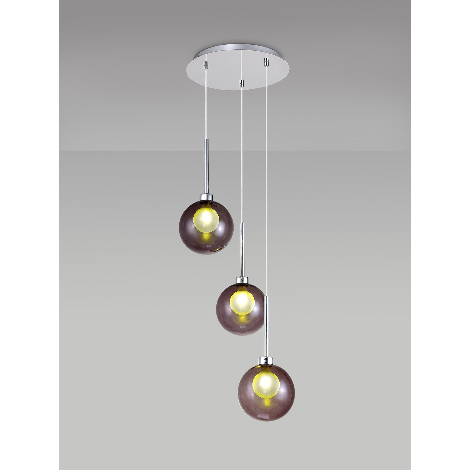 Fabula Tamworth 3 Light Round Pendant - Round Shades with Inner Frosted Globes - Polished Chrome, Smoked & Frosted Glass