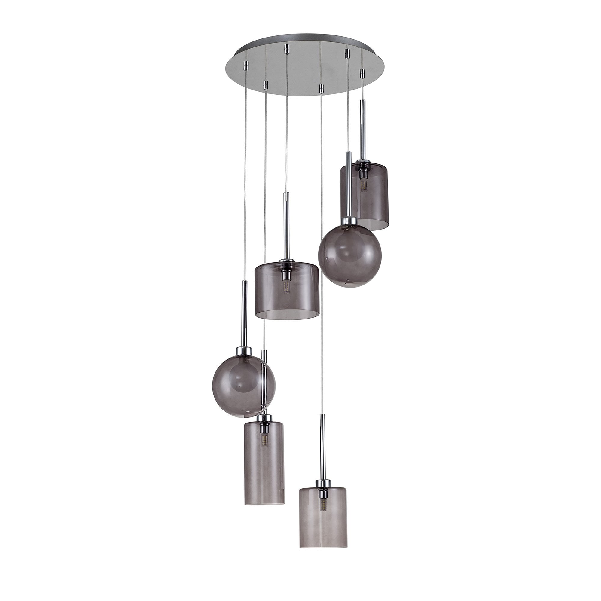 Fabula Tamworth 6 Light Round Pendant - Mixed Shades G - Polished Chrome, Smoked & Frosted Glass