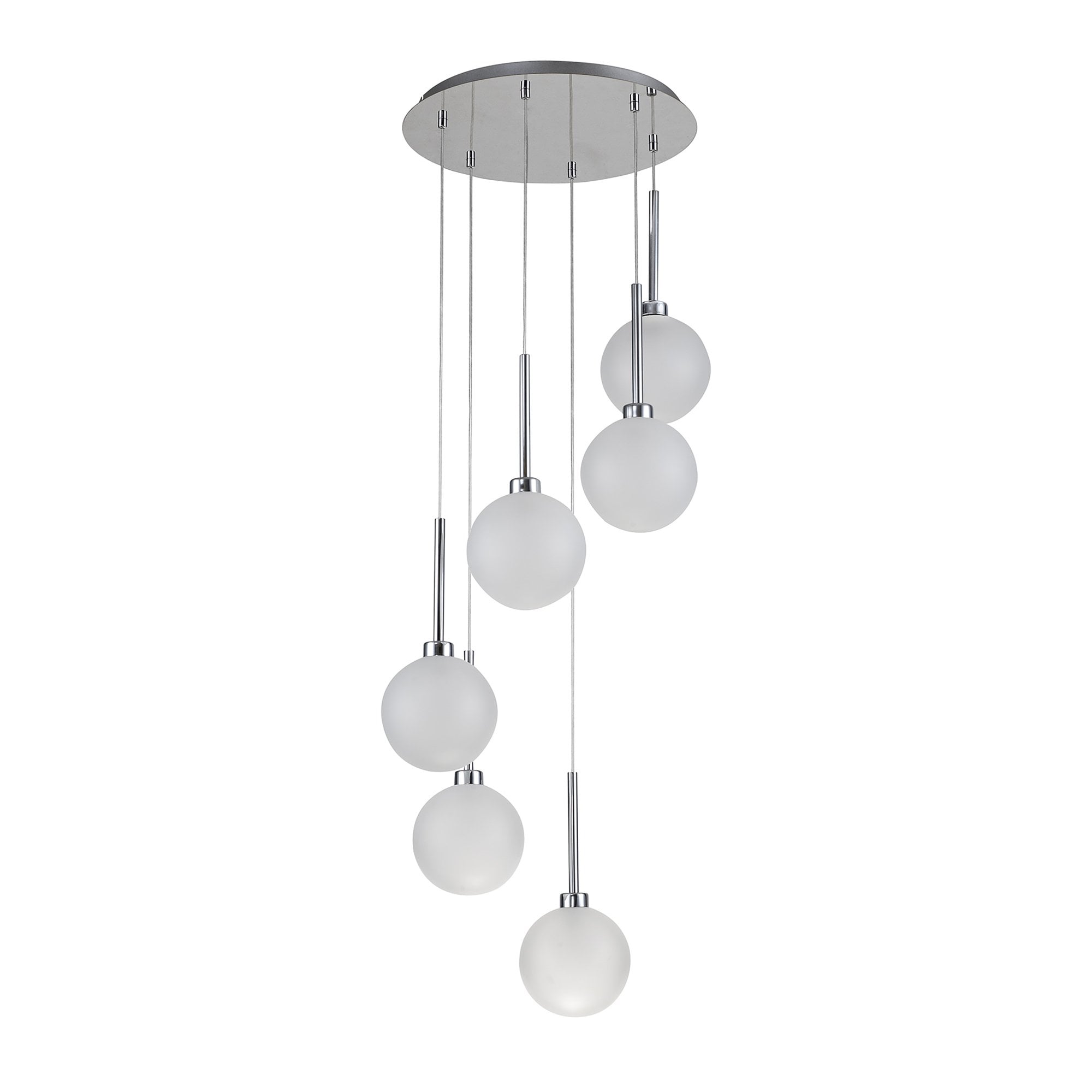Fabula Tamworth 6 Light Round Pendant - Round Shades with Inner Frosted Globes - Polished Chrome & Frosted Glass