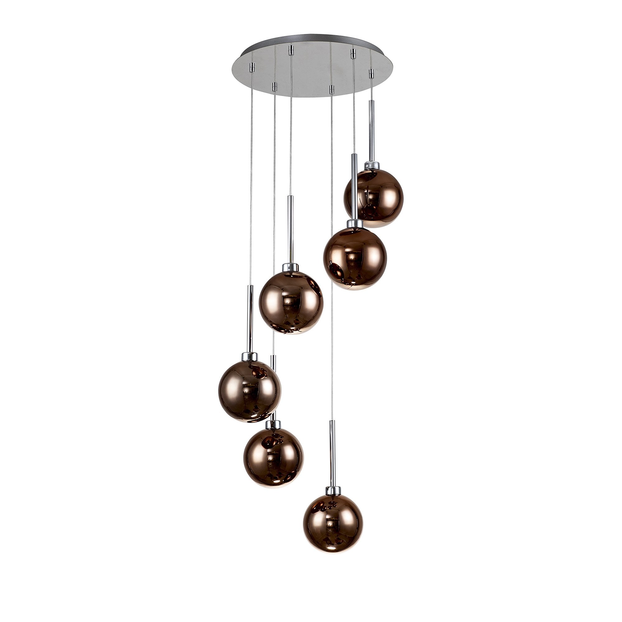 Fabula Tamworth 6 Light Round Pendant - Round Shades with Inner Frosted Globes - Polished Chrome, Copper & Frosted Glass