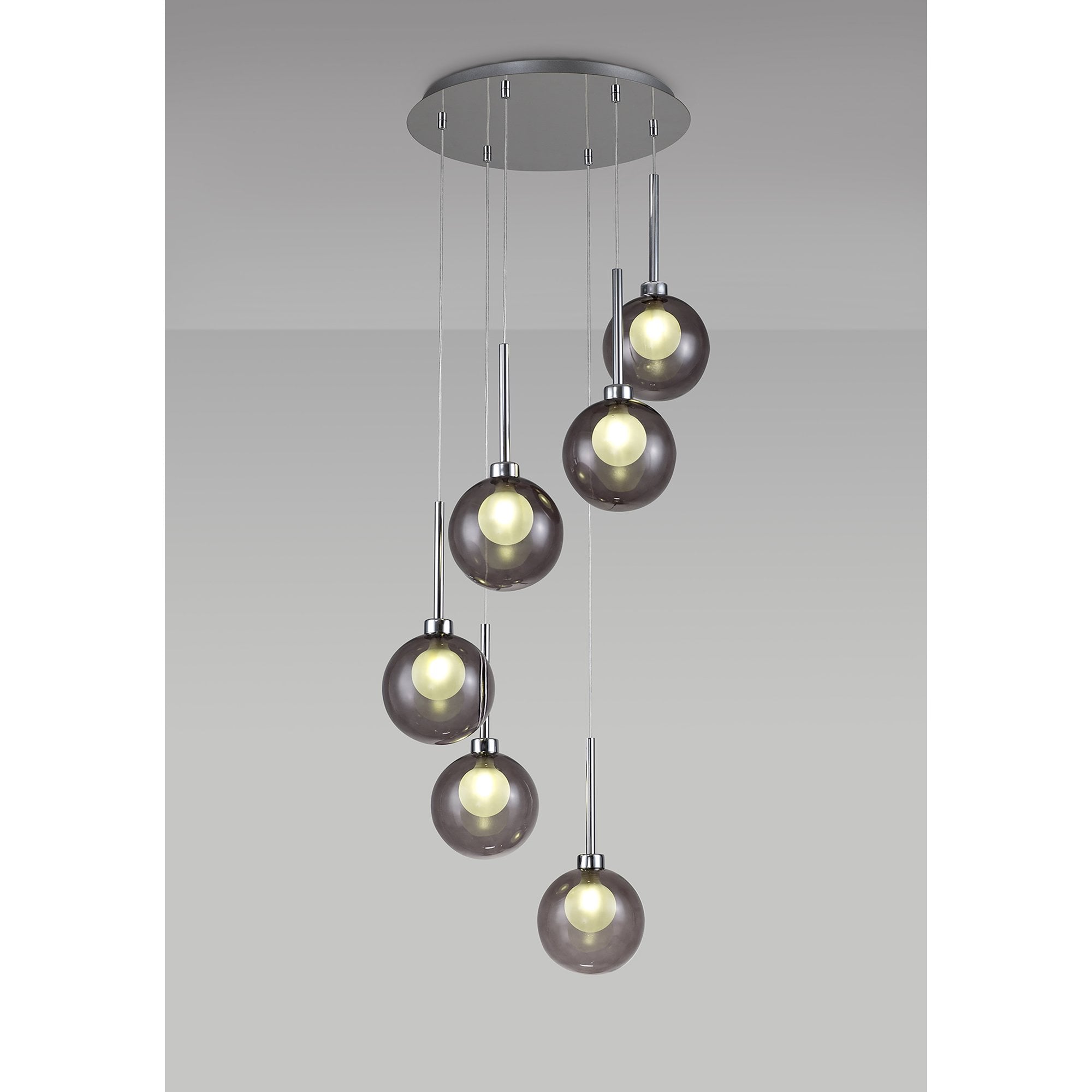 Fabula Tamworth 6 Light Round Pendant - Round Shades with Inner Frosted Globes - Polished Chrome, Smoked & Frosted Glass