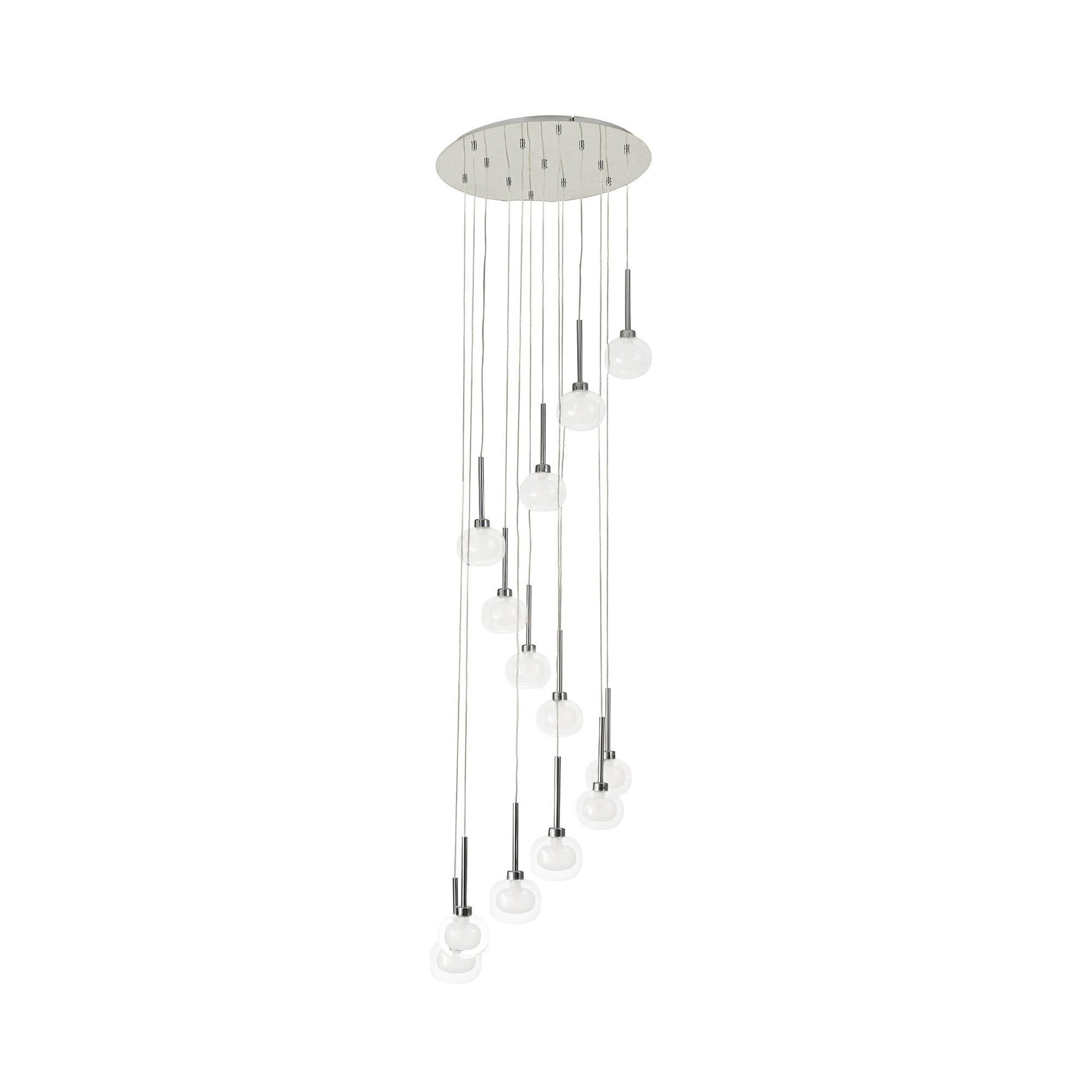 Fabula Tamworth 13 Light Round Pendant - Flattened Round Shades with Inner Frosted Globes - Polished Chrome, Clear & Frosted Glass