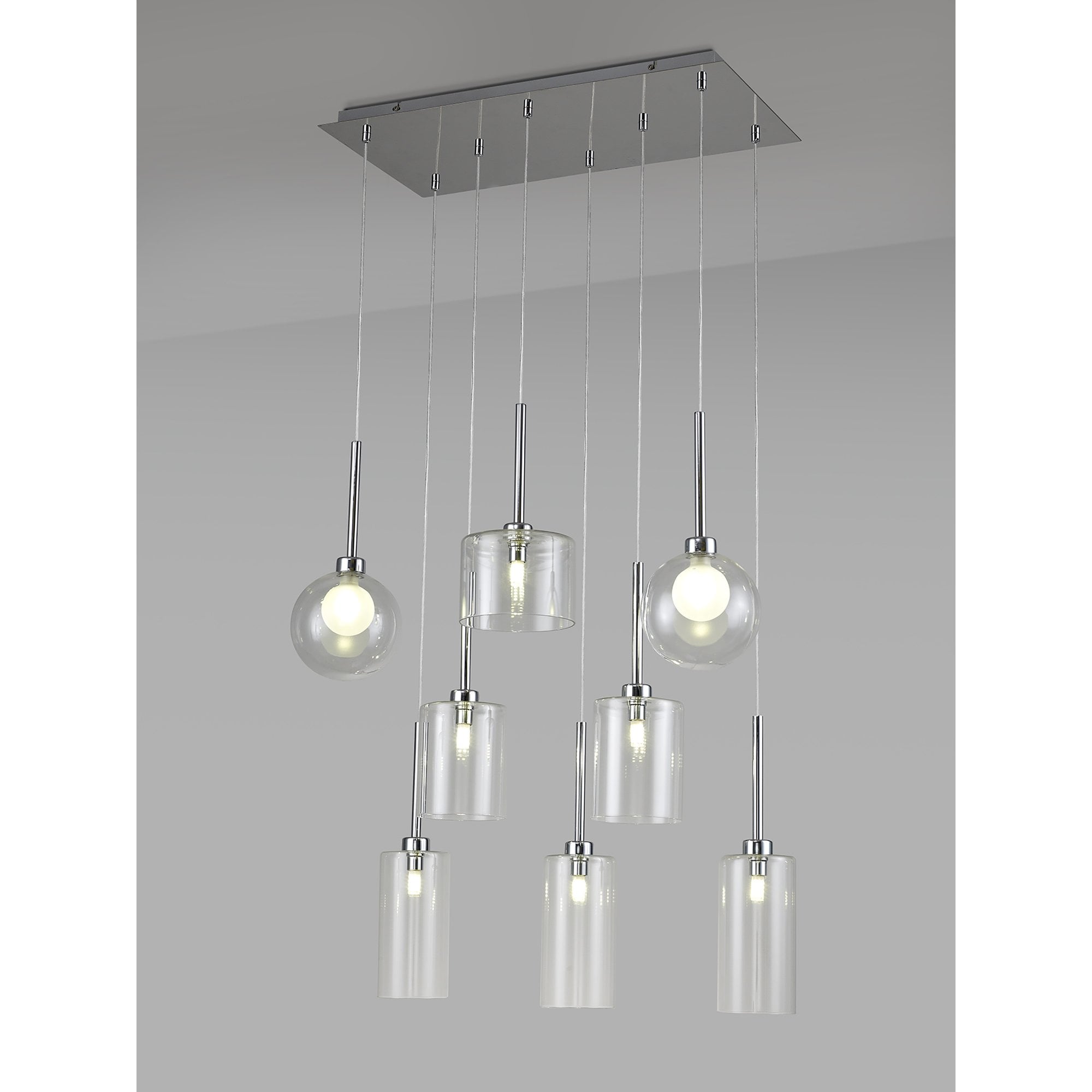 Fabula Tamworth 8 Light Rectangle Pendant - Mixed Shades G - Polished Chrome, Clear & Frosted Glass