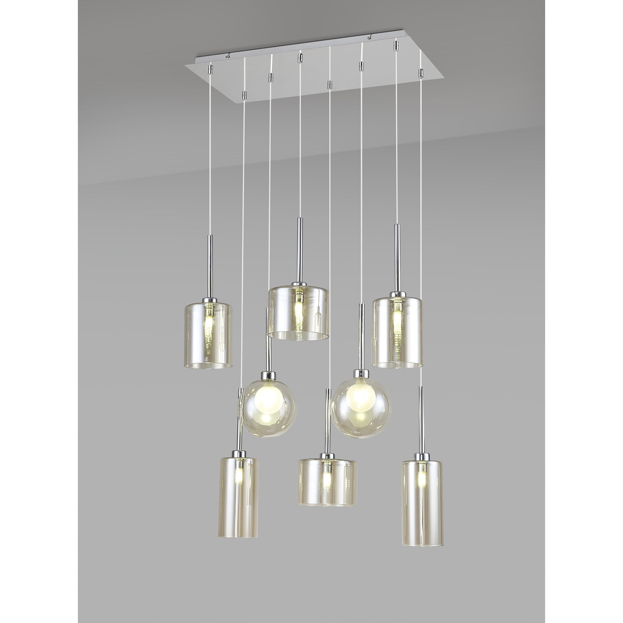 Fabula Tamworth 8 Light Rectangle Pendant - Mixed Shades G - Polished Chrome, Cognac & Frosted Glass