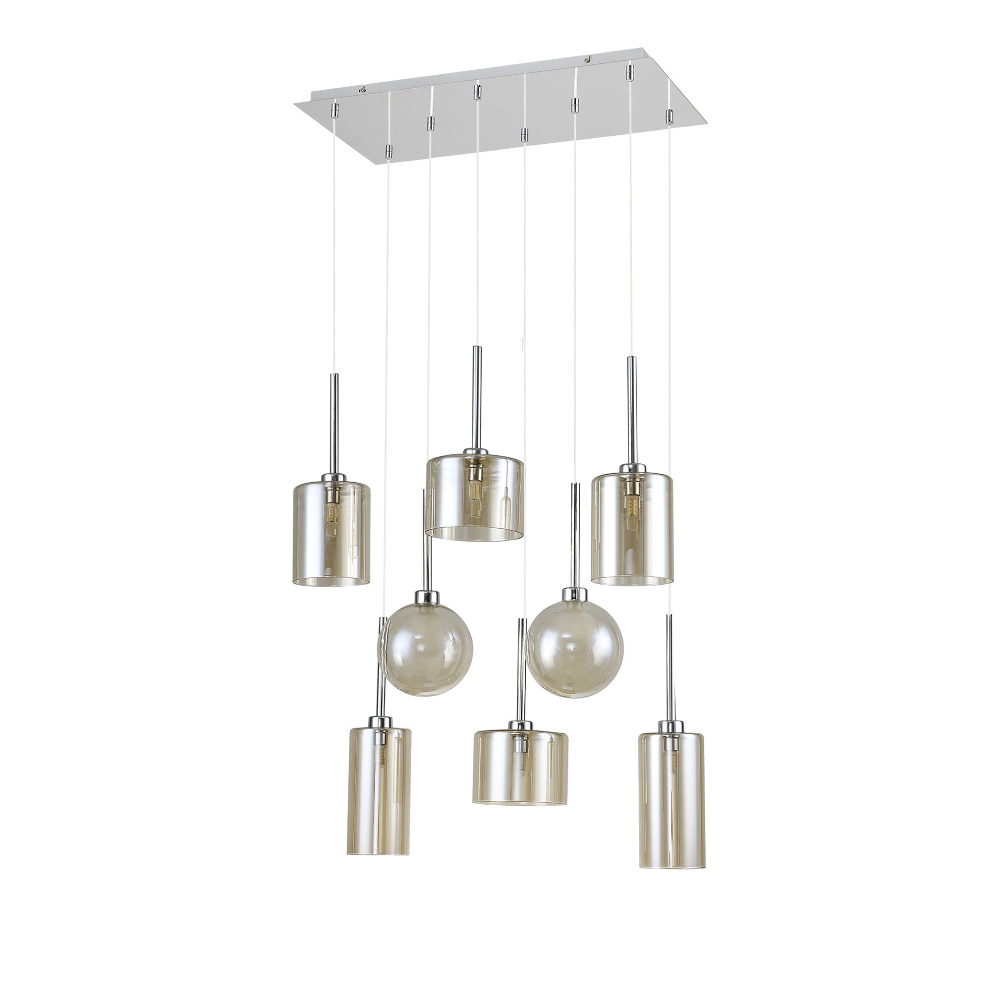 Fabula Tamworth 8 Light Rectangle Pendant - Mixed Shades G - Polished Chrome, Cognac & Frosted Glass
