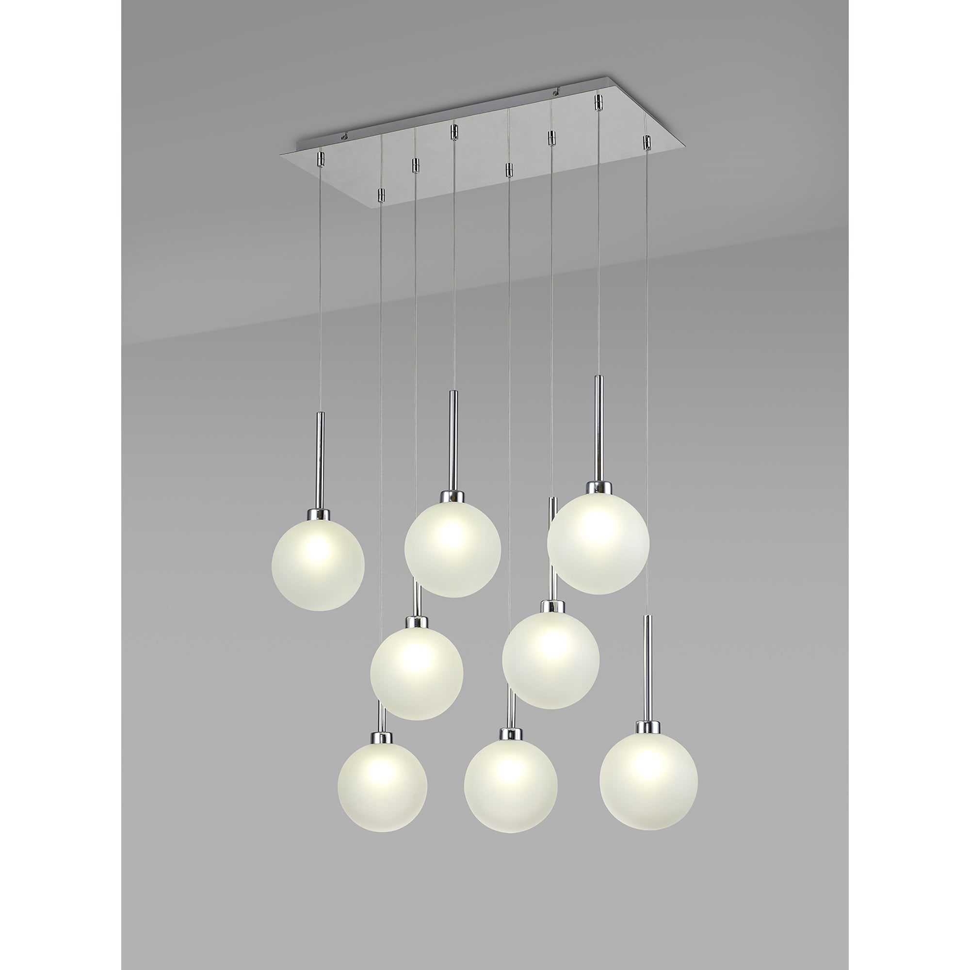Fabula Tamworth 8 Light Rectangle Pendant - Round Shades with Inner Frosted Globes - Polished Chrome & Frosted Glass