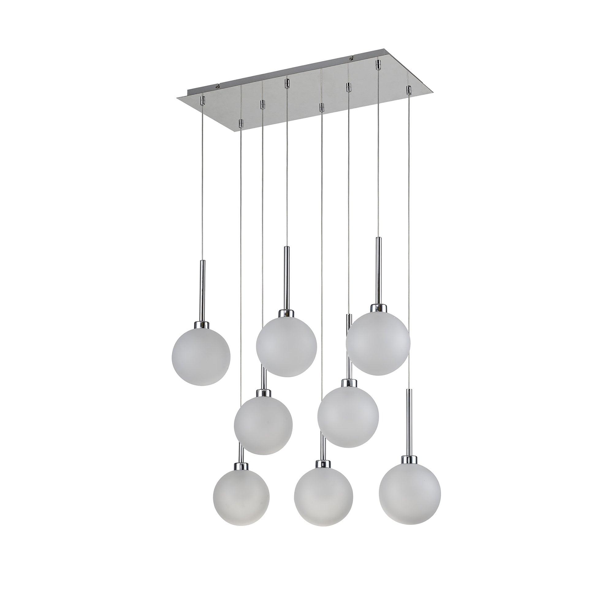 Fabula Tamworth 8 Light Rectangle Pendant - Round Shades with Inner Frosted Globes - Polished Chrome & Frosted Glass