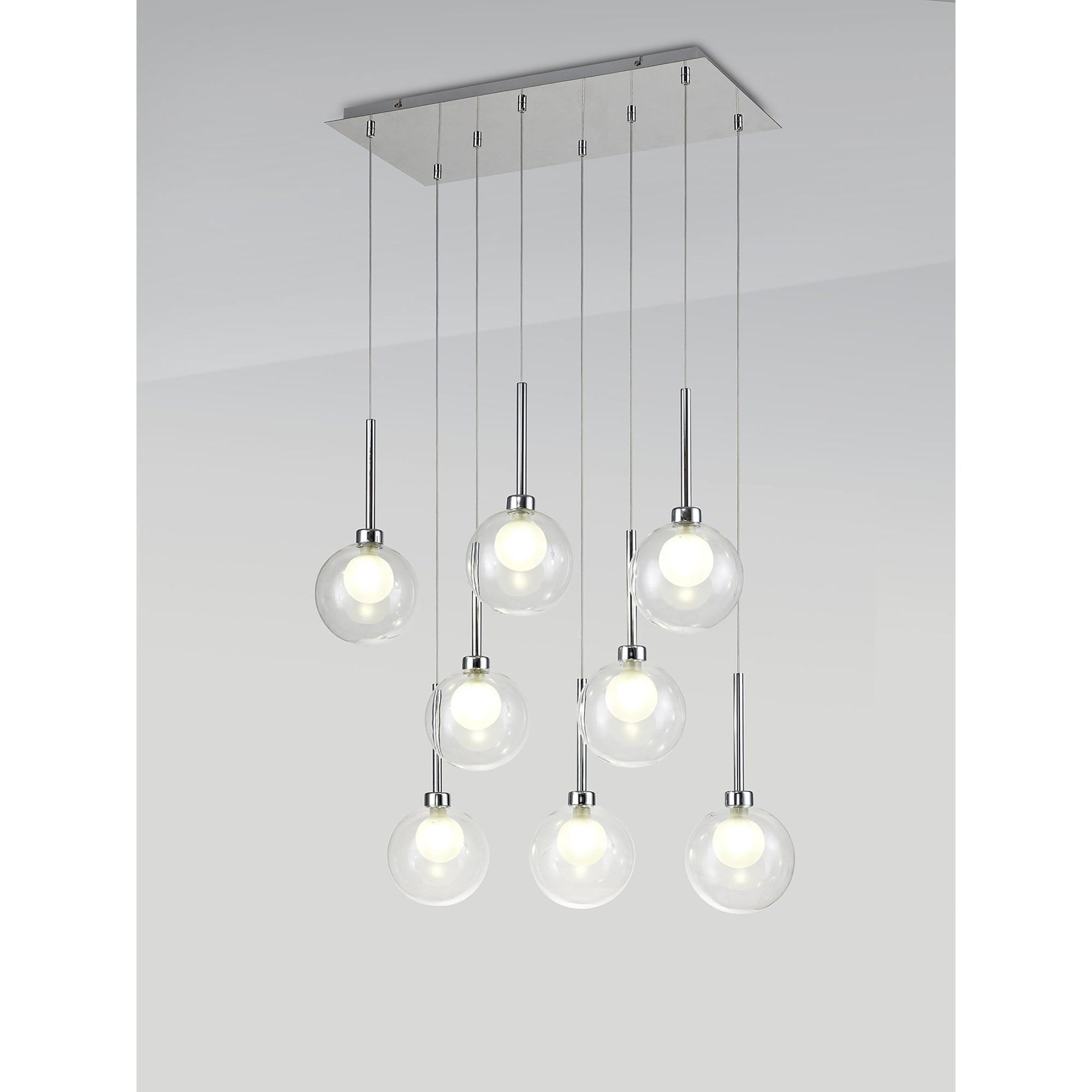 Fabula Tamworth 8 Light Rectangle Pendant - Round Shades with Inner Frosted Globes - Polished Chrome, Clear & Frosted Glass