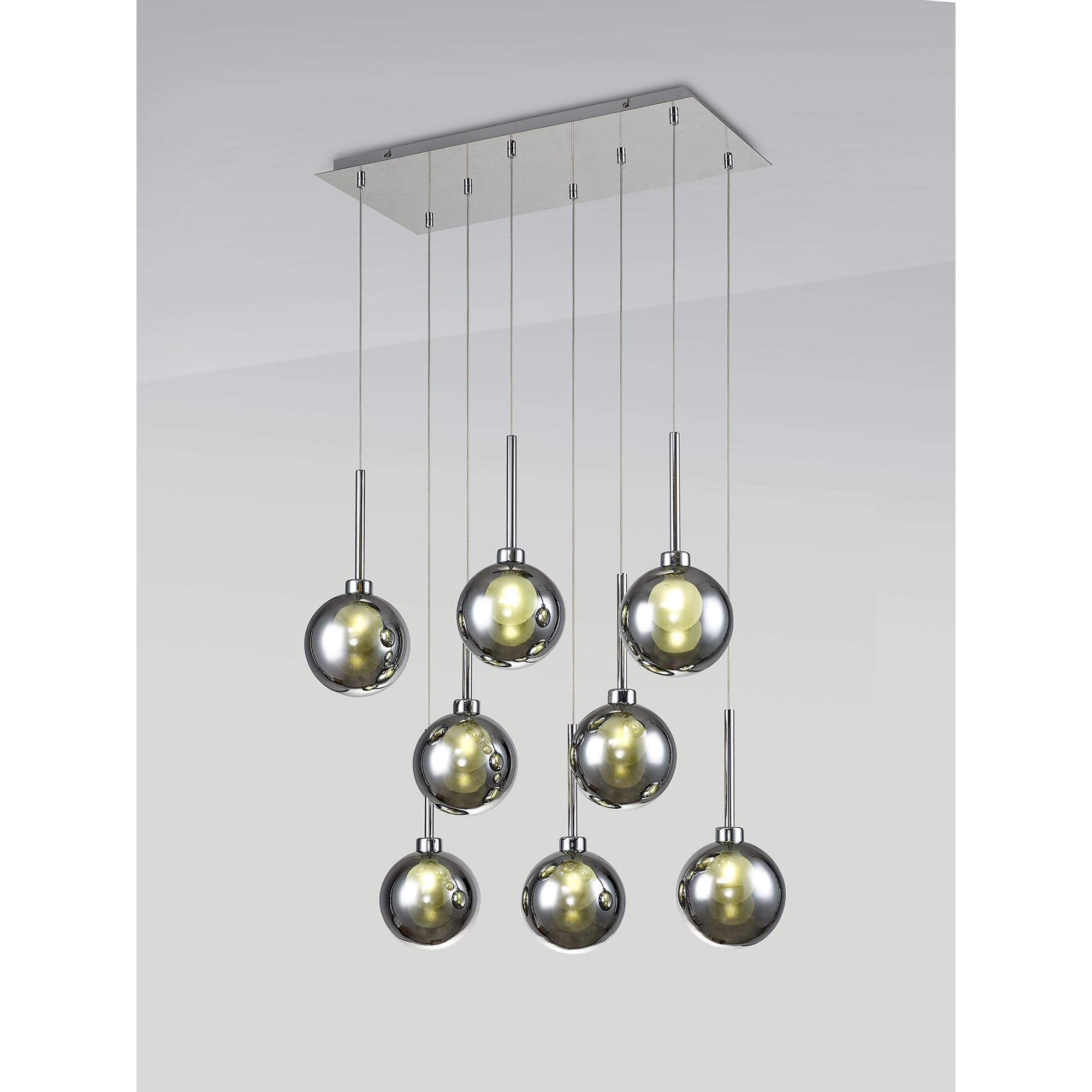 Fabula Tamworth 8 Light Rectangle Pendant - Round Shades with Inner Frosted Globes - Polished Chrome, Chrome & Frosted Glass