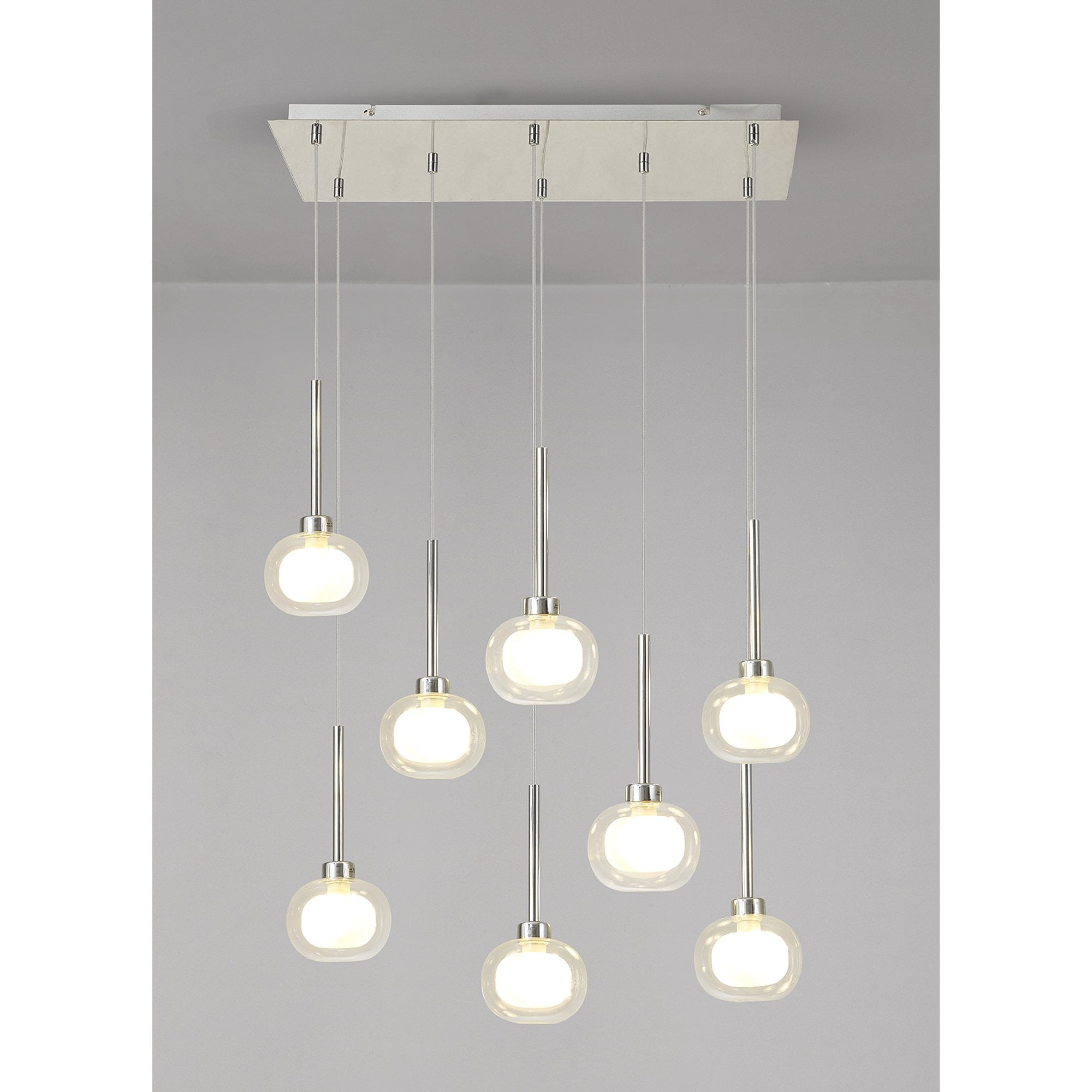 Fabula Tamworth 8 Light Rectangle Pendant - Flattened Round Shades with Inner Frosted Globes - Polished Chrome, Clear & Frosted Glass